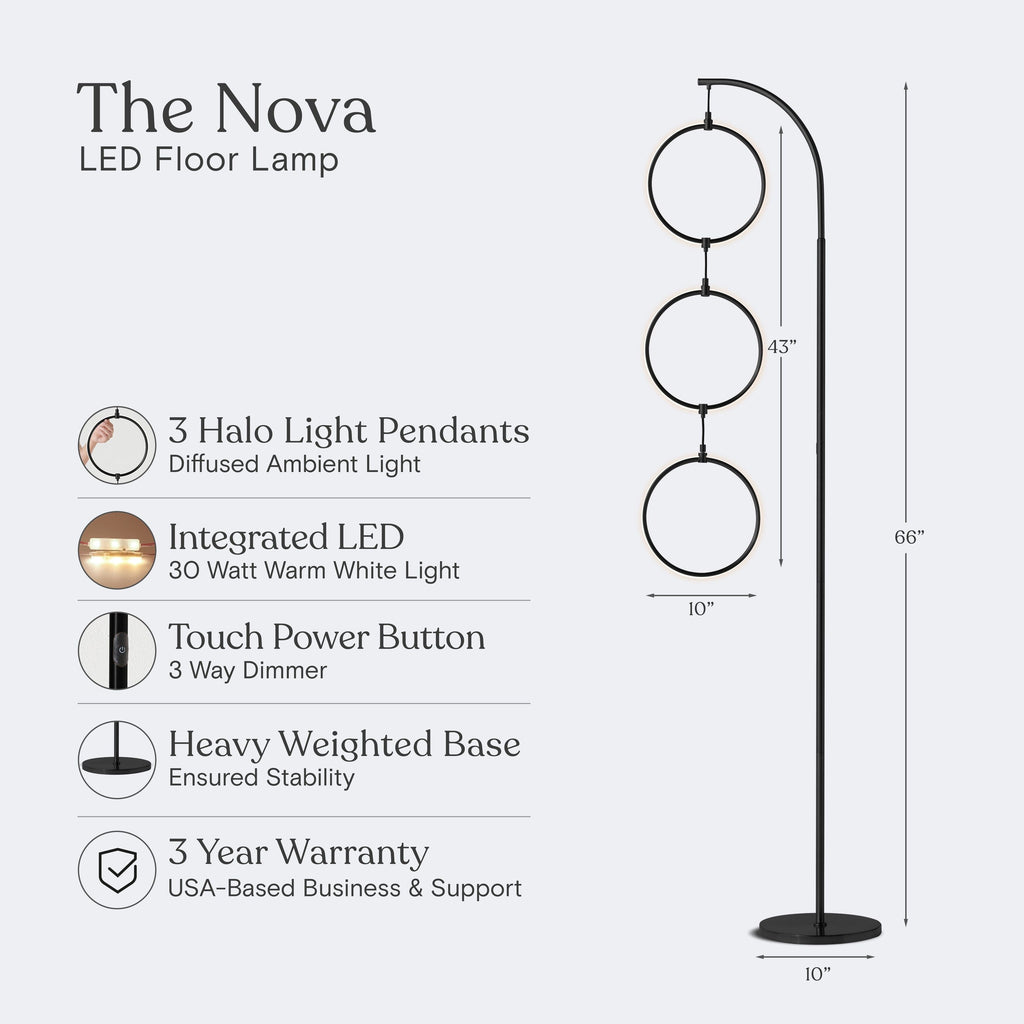 Lampadaire industriel Brightech Nova 74 po à 3 anneaux lumineux à DEL ultra-lumineux avec variateur à 3 voies