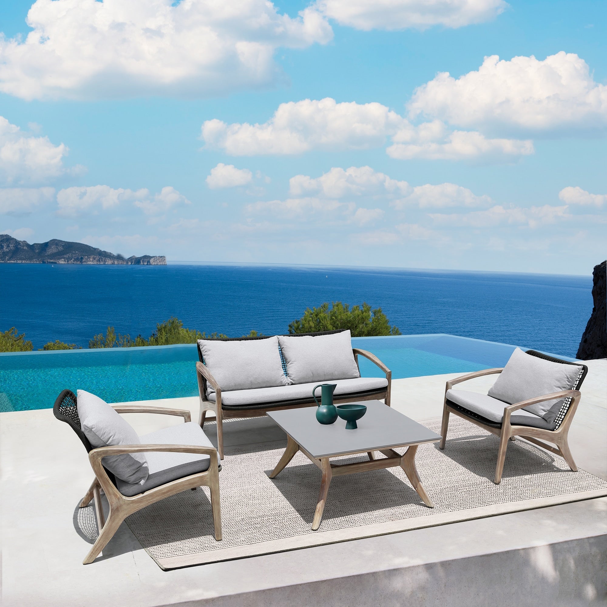 Ensemble de conversation Brighton en bois massif et corde, 4 pièces