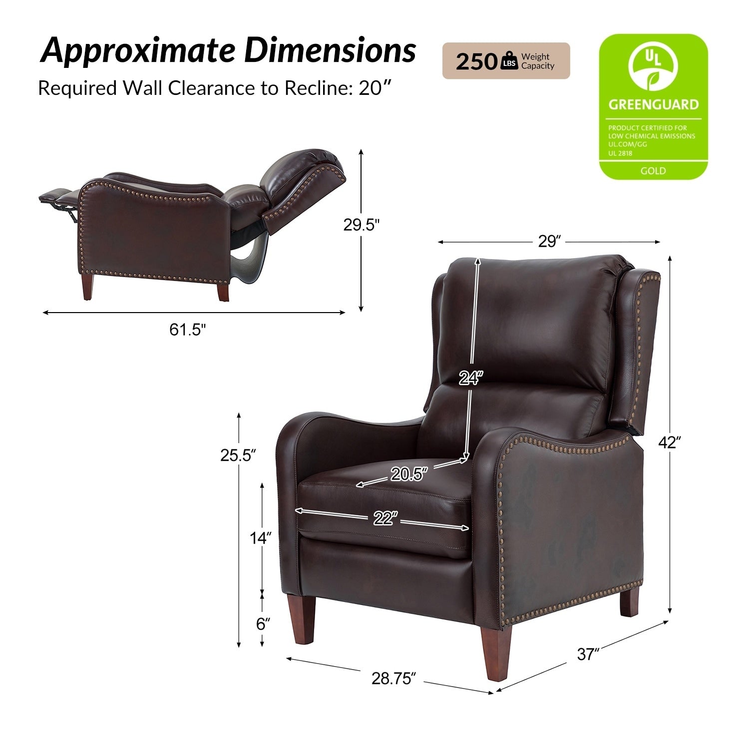 Fauteuil inclinable moderne Brigida en cuir véritable avec garniture cloutée et repose-pieds réglable, lot de 2 par HULALA HOME