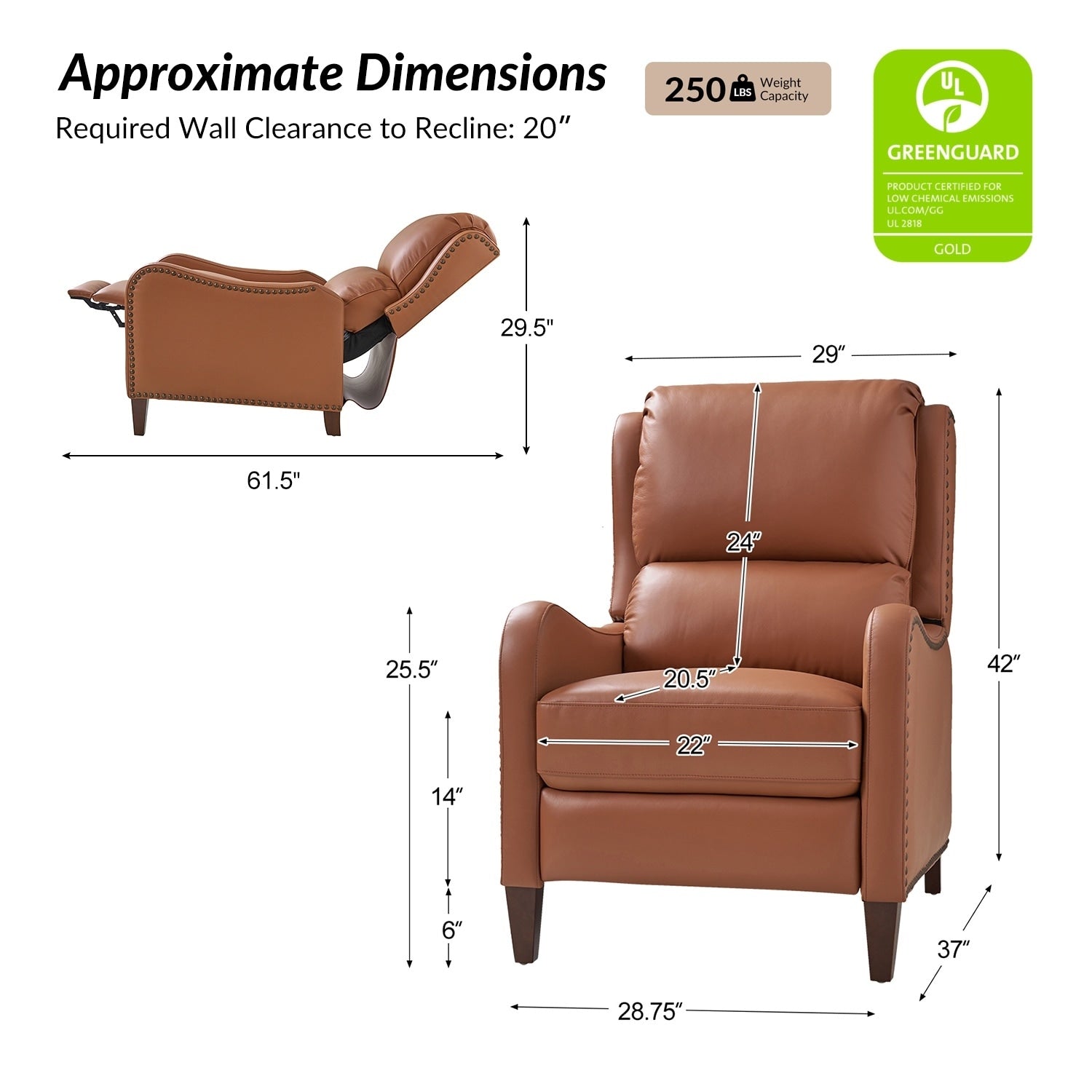 Fauteuil inclinable moderne Brigida en cuir véritable avec garniture cloutée et repose-pieds réglable, lot de 2 par HULALA HOME