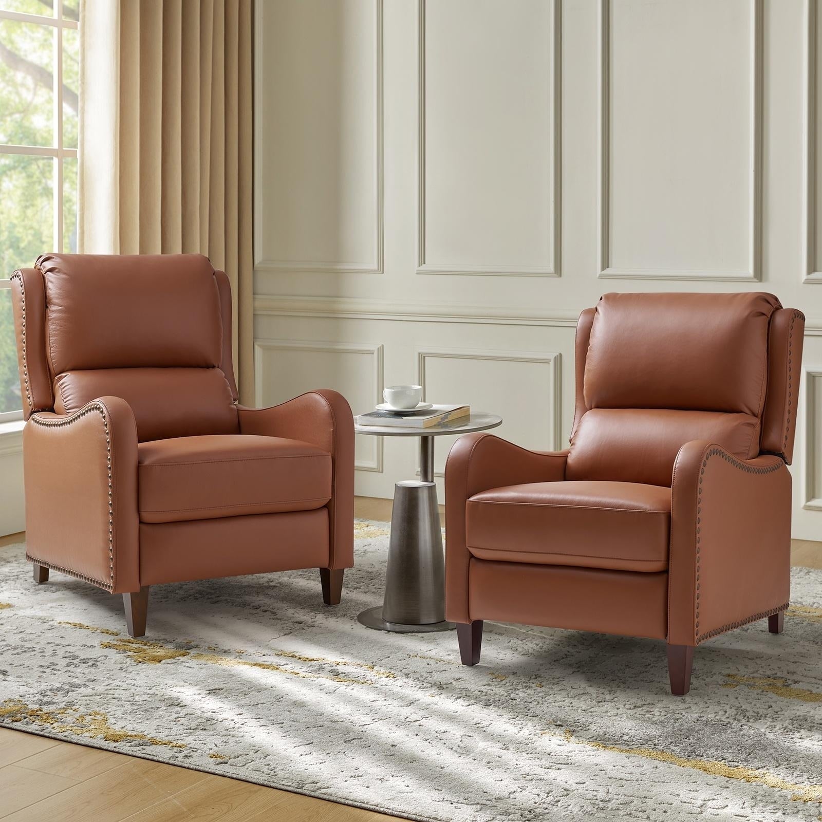 Fauteuil inclinable moderne Brigida en cuir véritable avec garniture cloutée et repose-pieds réglable, lot de 2 par HULALA HOME