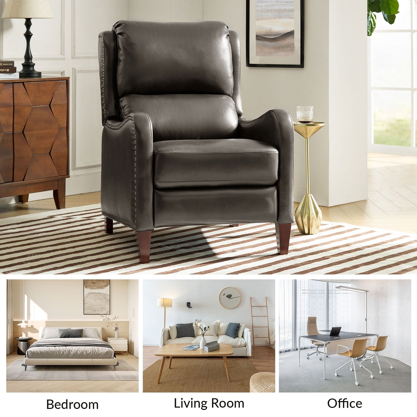 Fauteuil inclinable moderne Brigida en cuir véritable avec garniture cloutée et repose-pieds réglable, lot de 2 par HULALA HOME