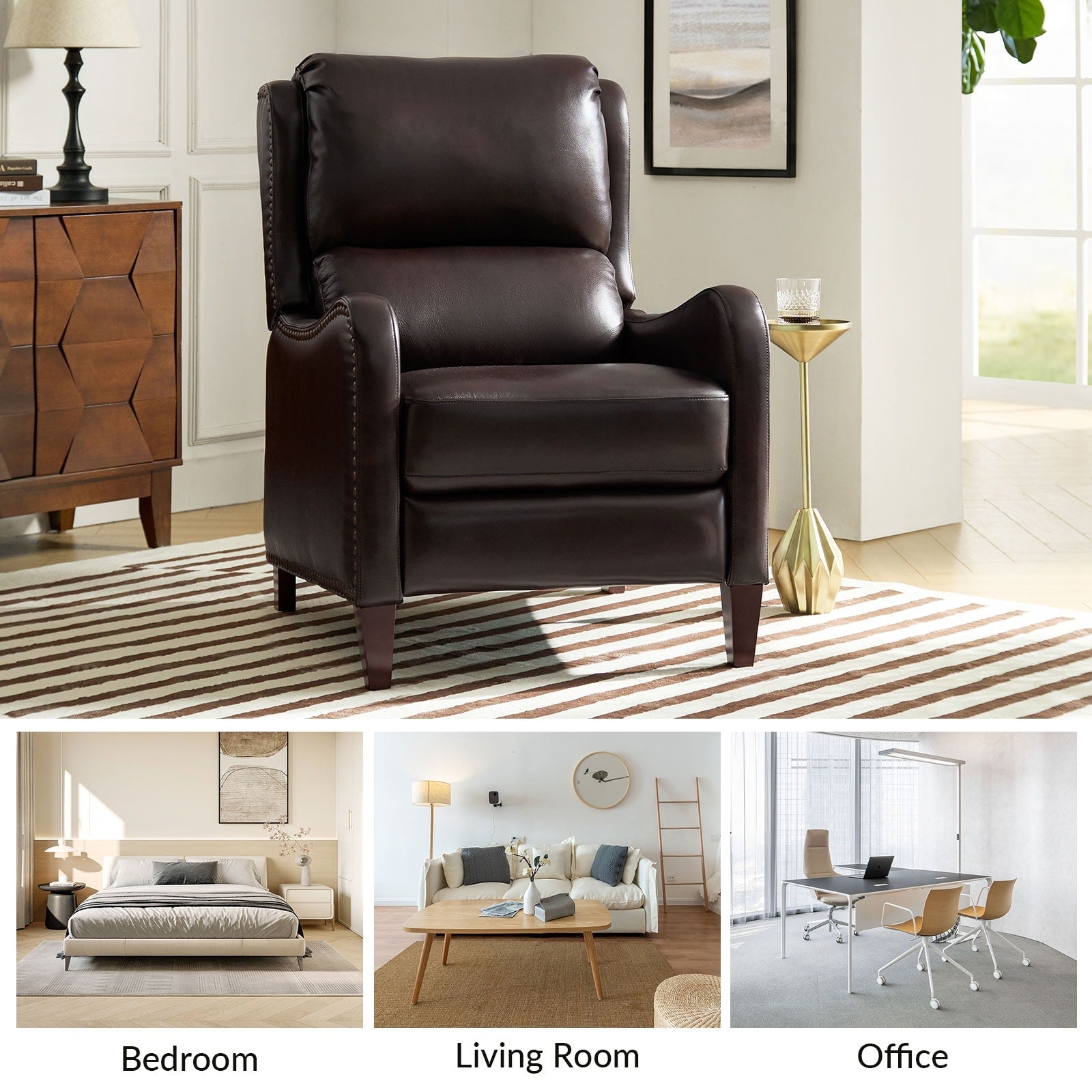 Fauteuil inclinable moderne Brigida en cuir véritable avec garniture cloutée et repose-pieds réglable, lot de 2 par HULALA HOME