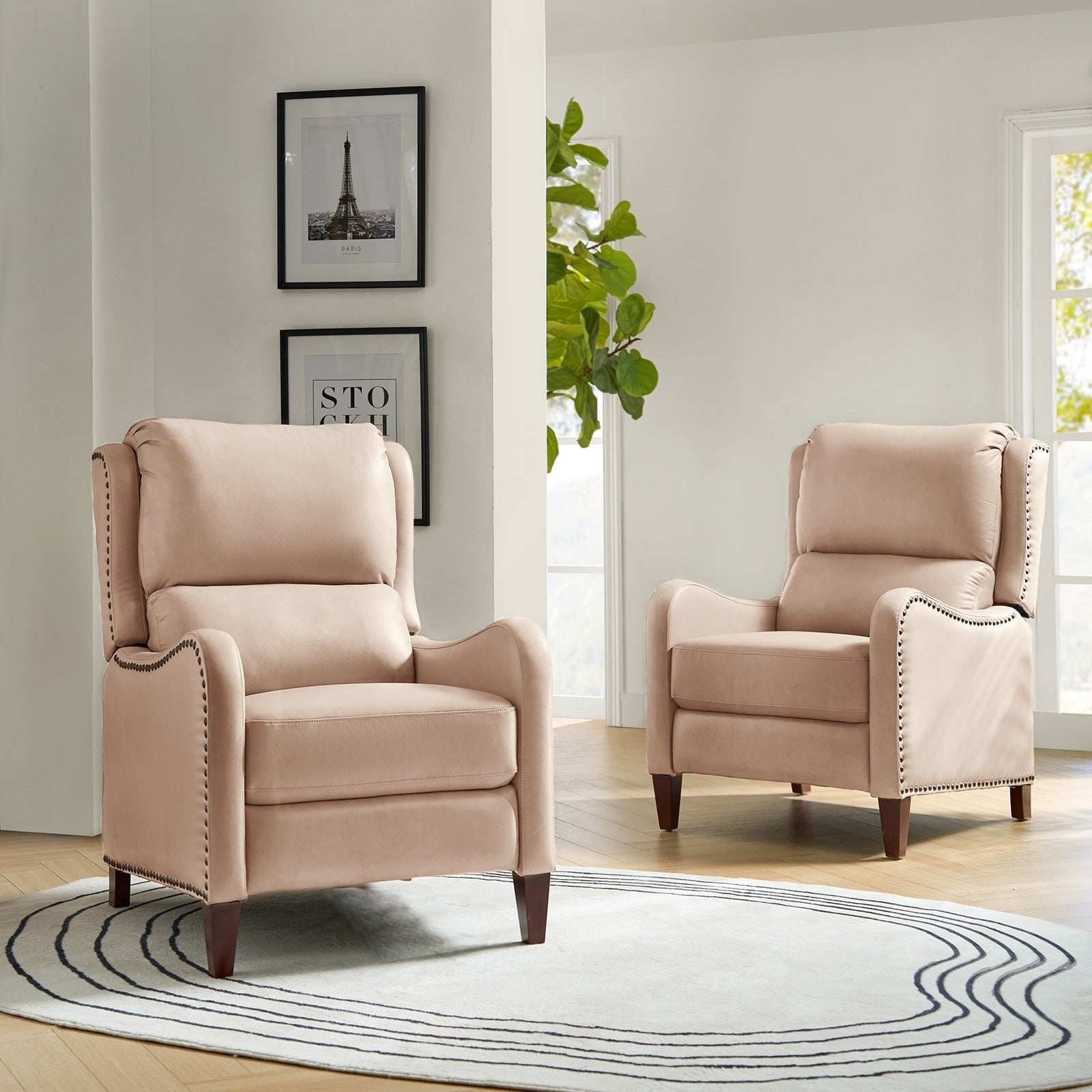 Fauteuil inclinable moderne Brigida en cuir véritable avec garniture cloutée et repose-pieds réglable, lot de 2 par HULALA HOME