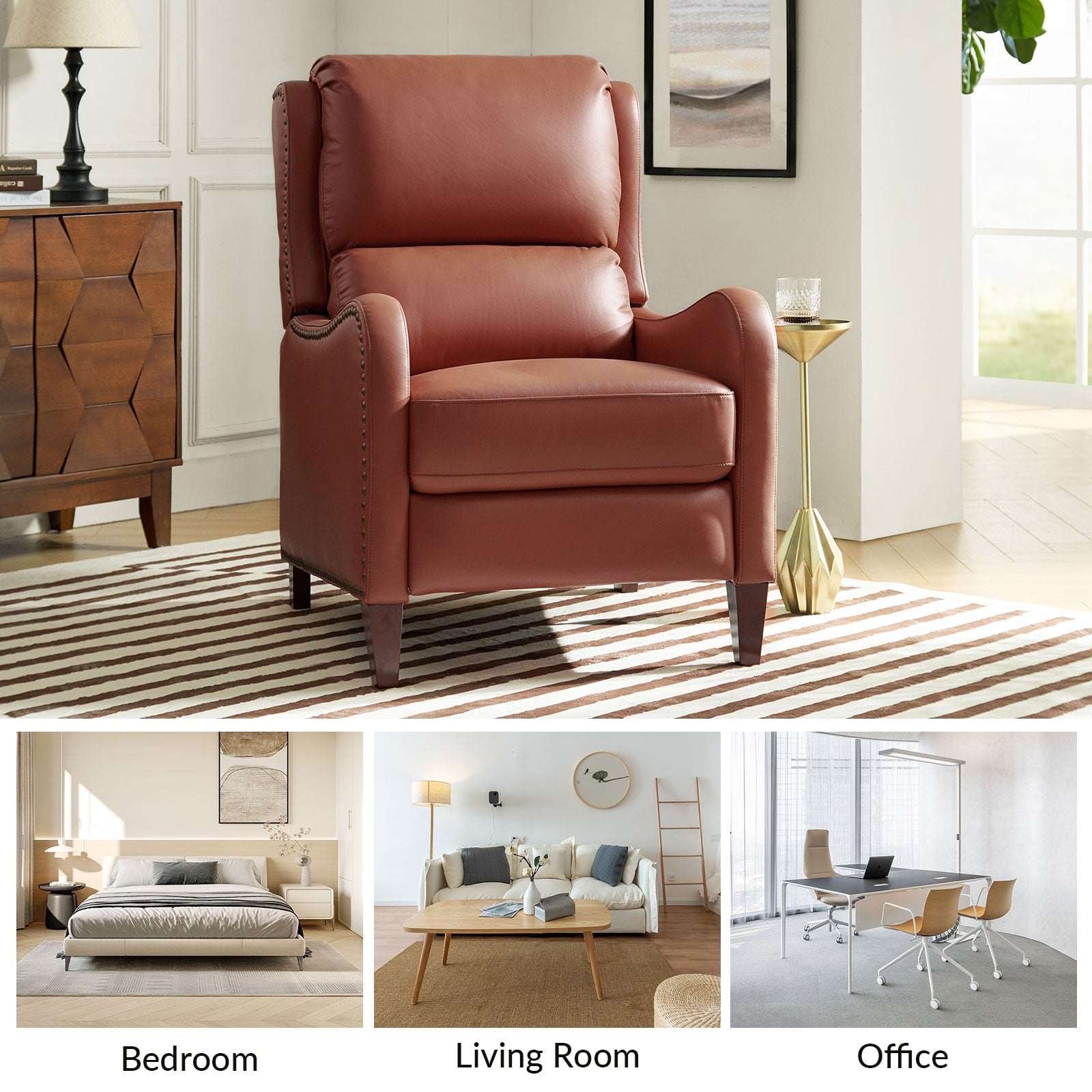 Fauteuil inclinable moderne Brigida en cuir véritable avec garniture cloutée et repose-pieds réglable, lot de 2 par HULALA HOME