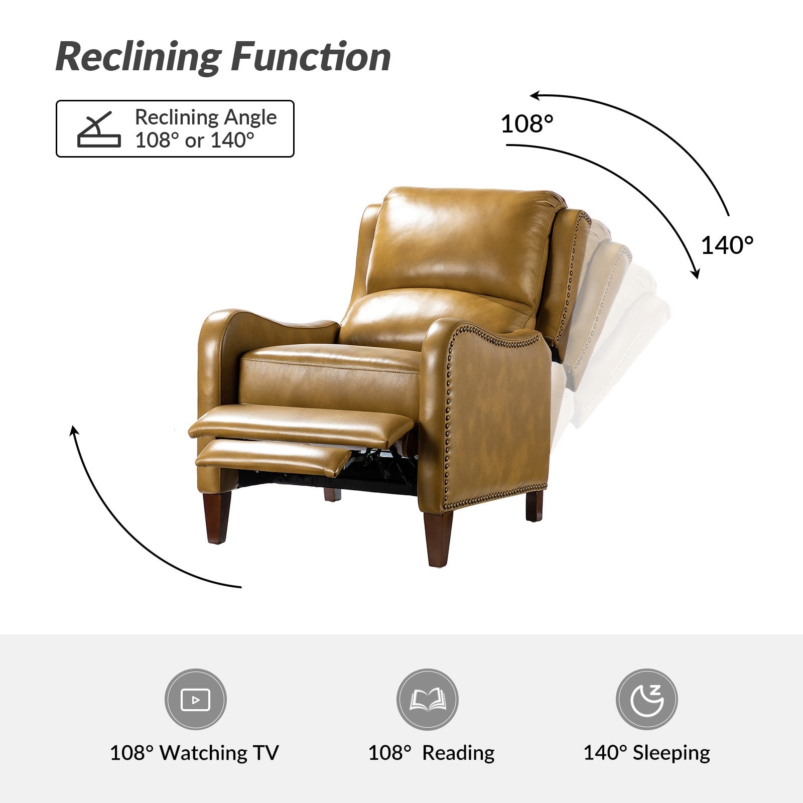 Fauteuil inclinable moderne Brigida en cuir véritable avec garniture cloutée et repose-pieds réglable, lot de 2 par HULALA HOME