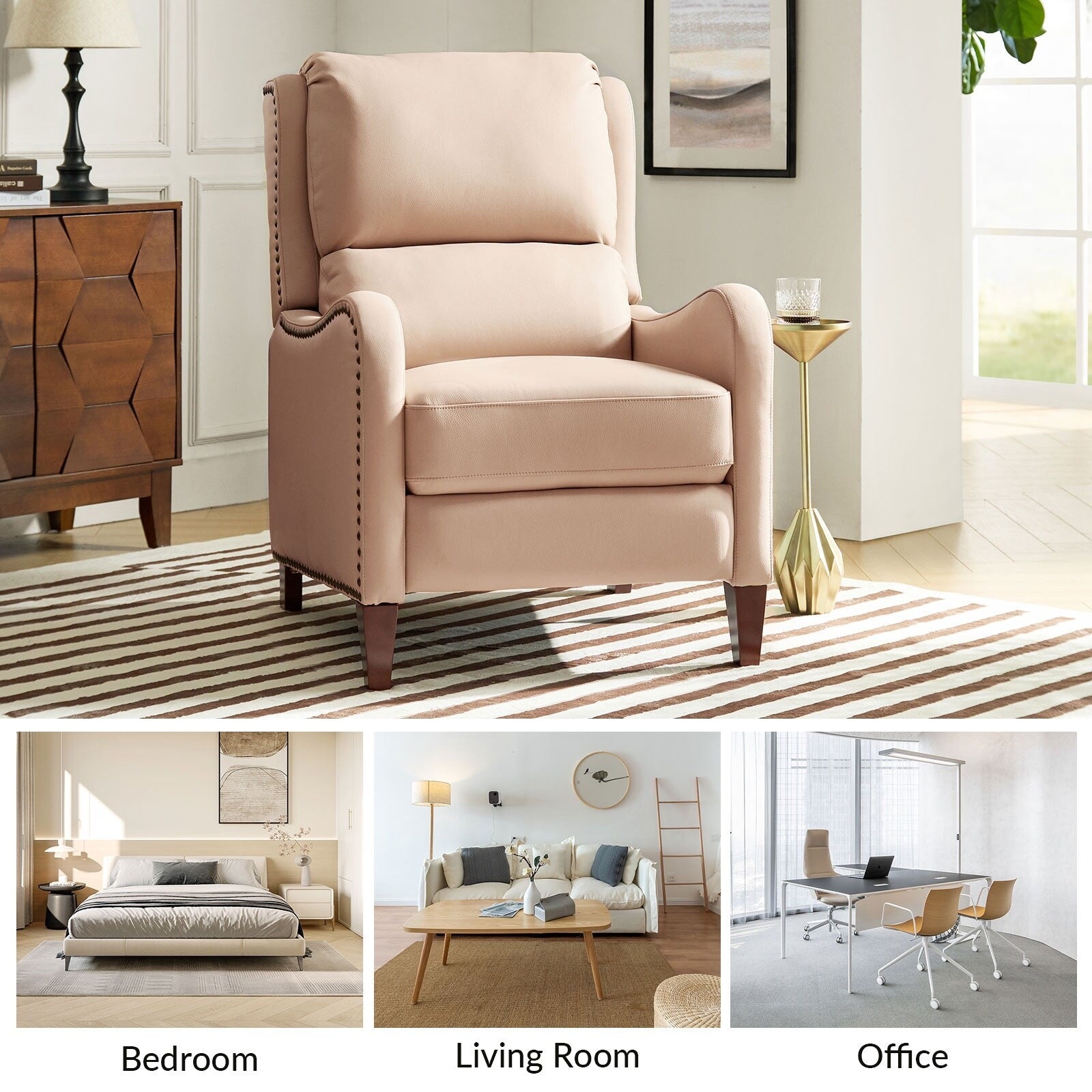 Fauteuil inclinable moderne Brigida en cuir véritable avec garniture cloutée et repose-pieds réglable, lot de 2 par HULALA HOME