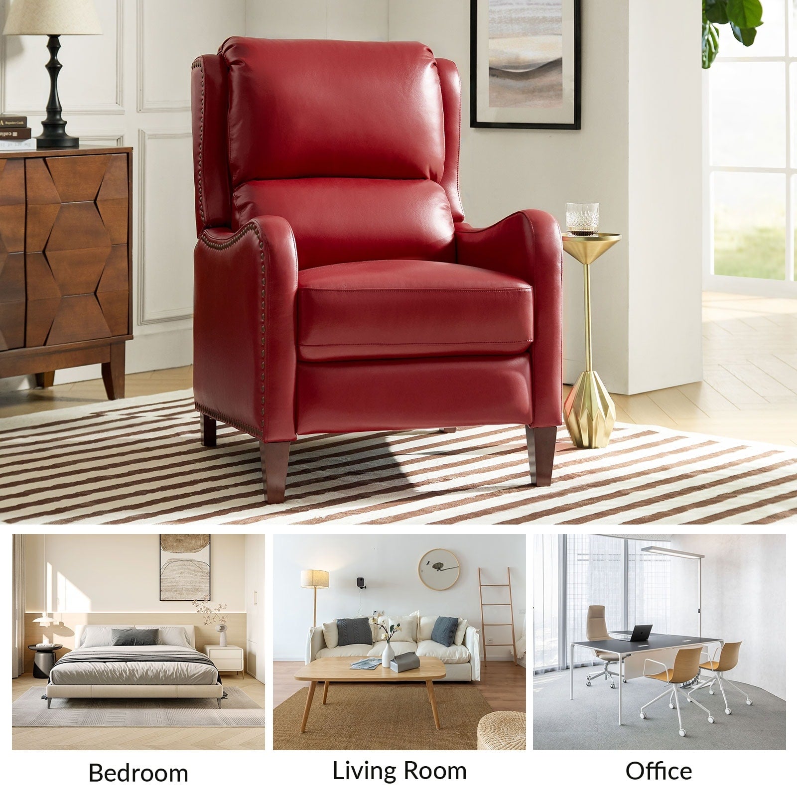 Fauteuil inclinable moderne Brigida en cuir véritable avec garniture cloutée et repose-pieds réglable, lot de 2 par HULALA HOME