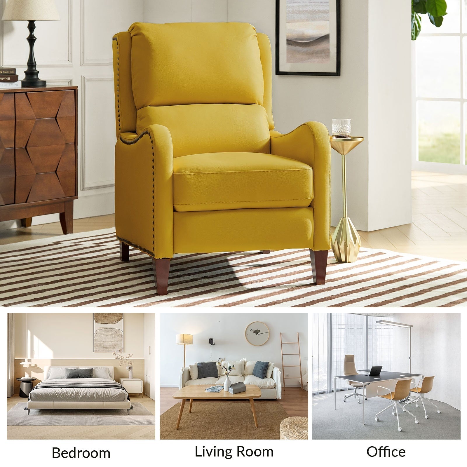 Fauteuil inclinable moderne Brigida en cuir véritable avec garniture cloutée et repose-pieds réglable, lot de 2 par HULALA HOME