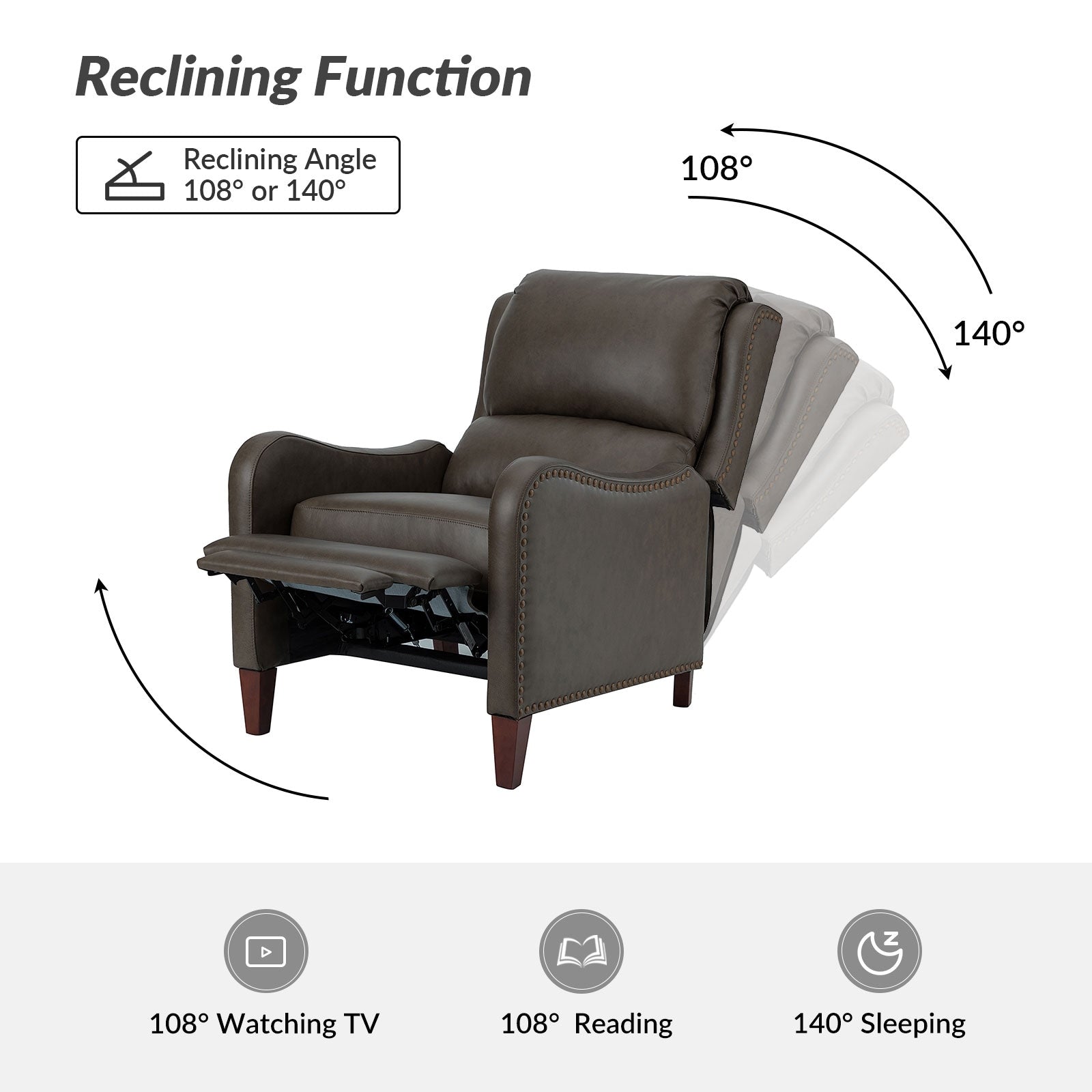 Fauteuil inclinable moderne Brigida en cuir véritable avec garniture cloutée et repose-pieds réglable, lot de 2 par HULALA HOME