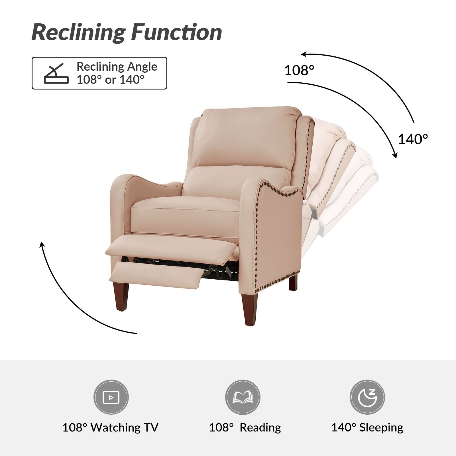 Fauteuil inclinable moderne Brigida en cuir véritable avec garniture cloutée et repose-pieds réglable, lot de 2 par HULALA HOME