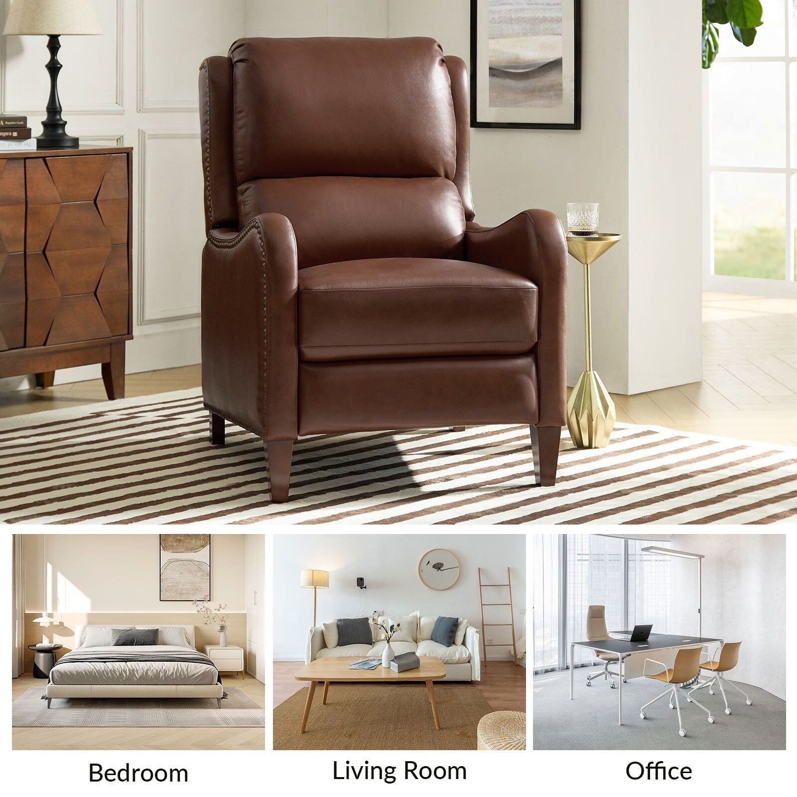 Fauteuil inclinable moderne Brigida en cuir véritable avec garniture cloutée et repose-pieds réglable, lot de 2 par HULALA HOME