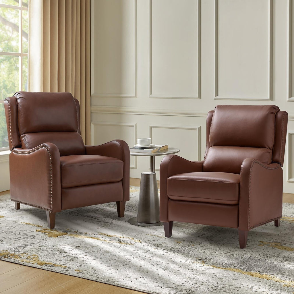 Fauteuil inclinable moderne Brigida en cuir véritable avec garniture cloutée et repose-pieds réglable, lot de 2 par HULALA HOME