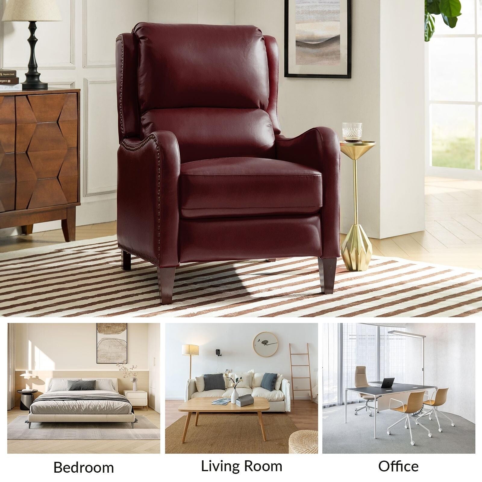 Fauteuil inclinable moderne Brigida en cuir véritable avec garniture cloutée et repose-pieds réglable, lot de 2 par HULALA HOME