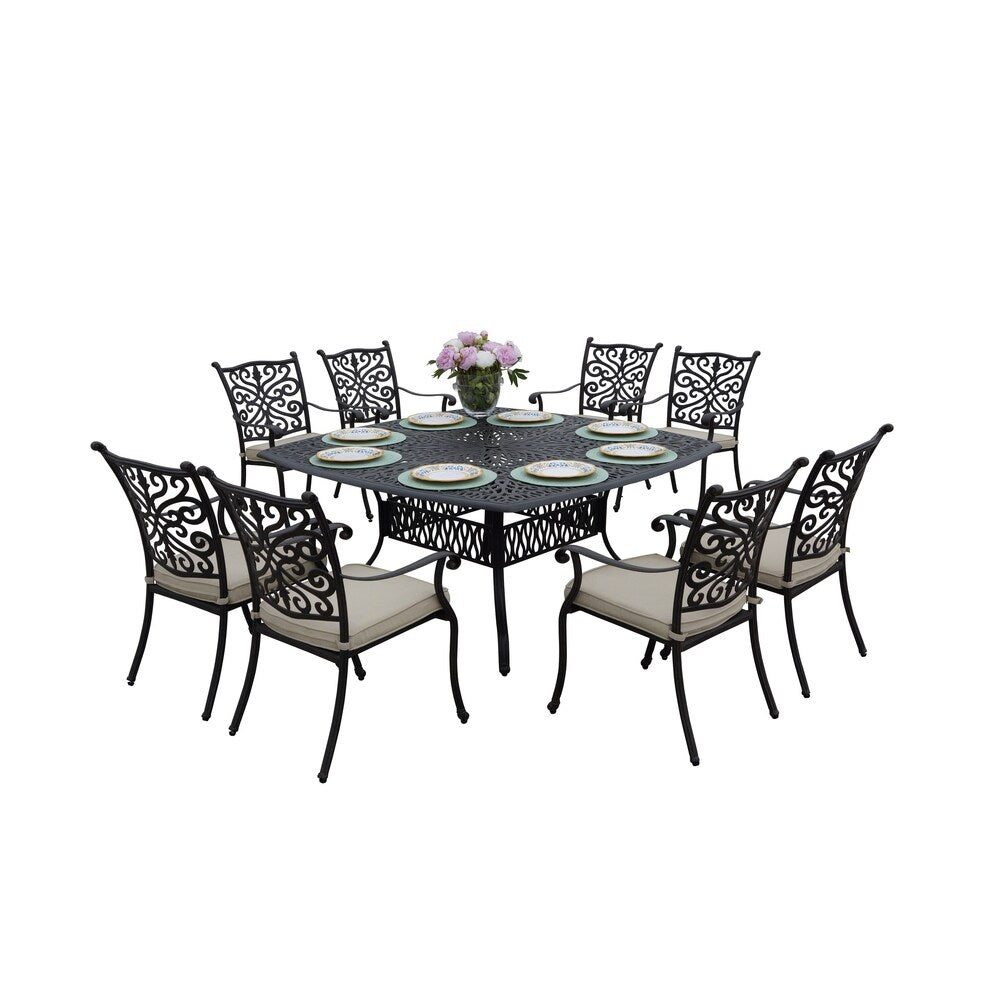 Ensemble de salle à manger de patio 9 pièces avec coussins et table à manger carrée de 64 po