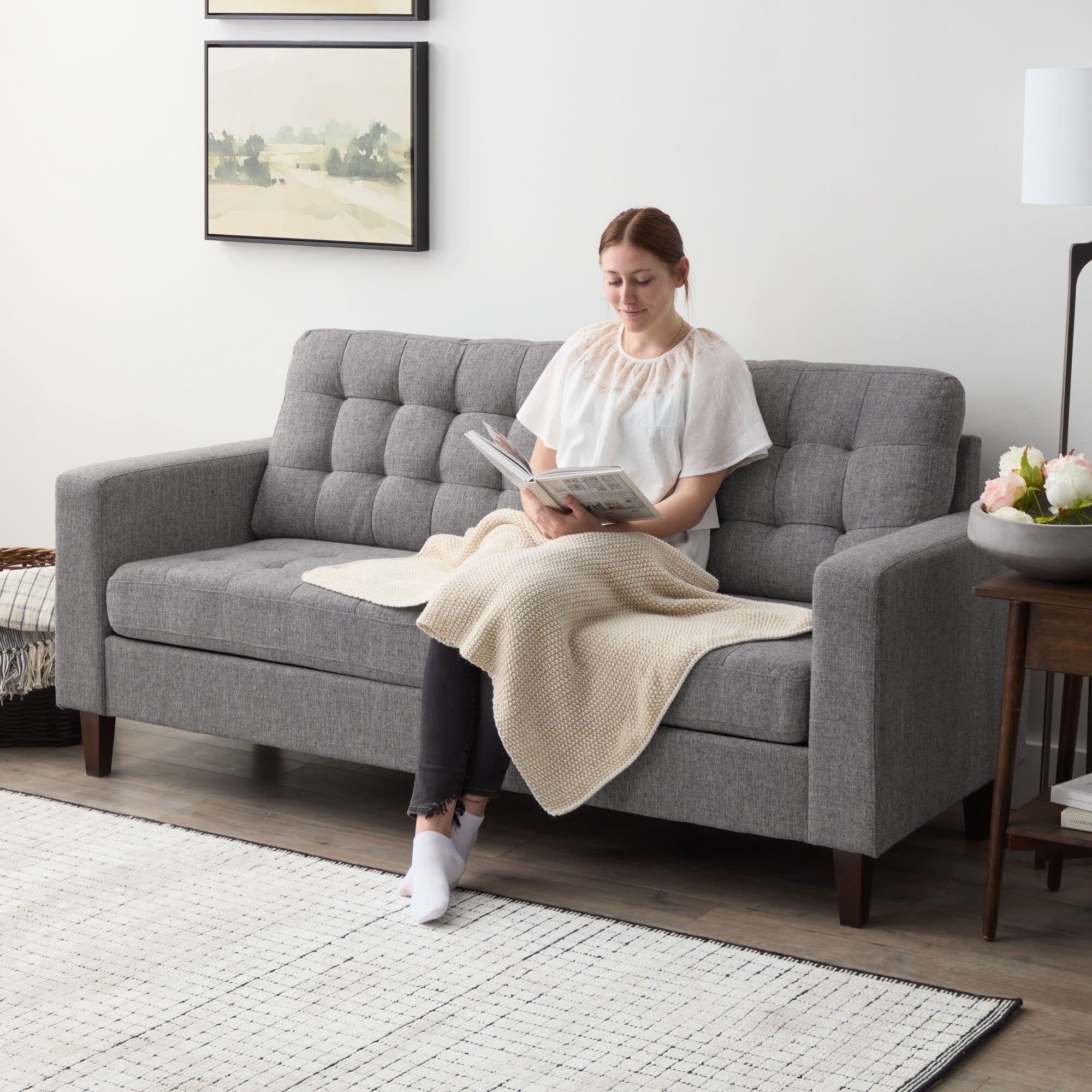 Canapé Brookside Brynn de 76 po à accoudoirs carrés en similicuir/velours/tissu