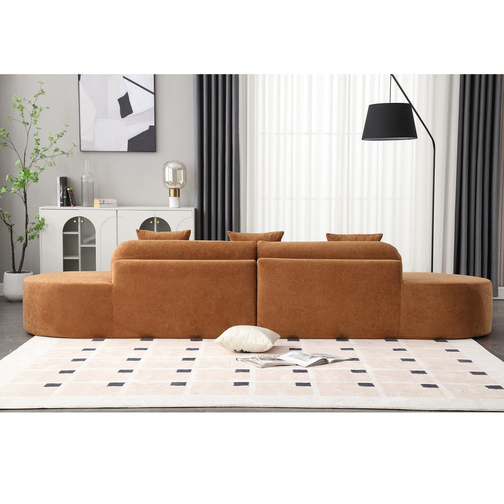 Canapé modulaire incurvé marron de 130,5 po au design ergonomique, tissu haute résilience et 3 coussins, aucun assemblage requis