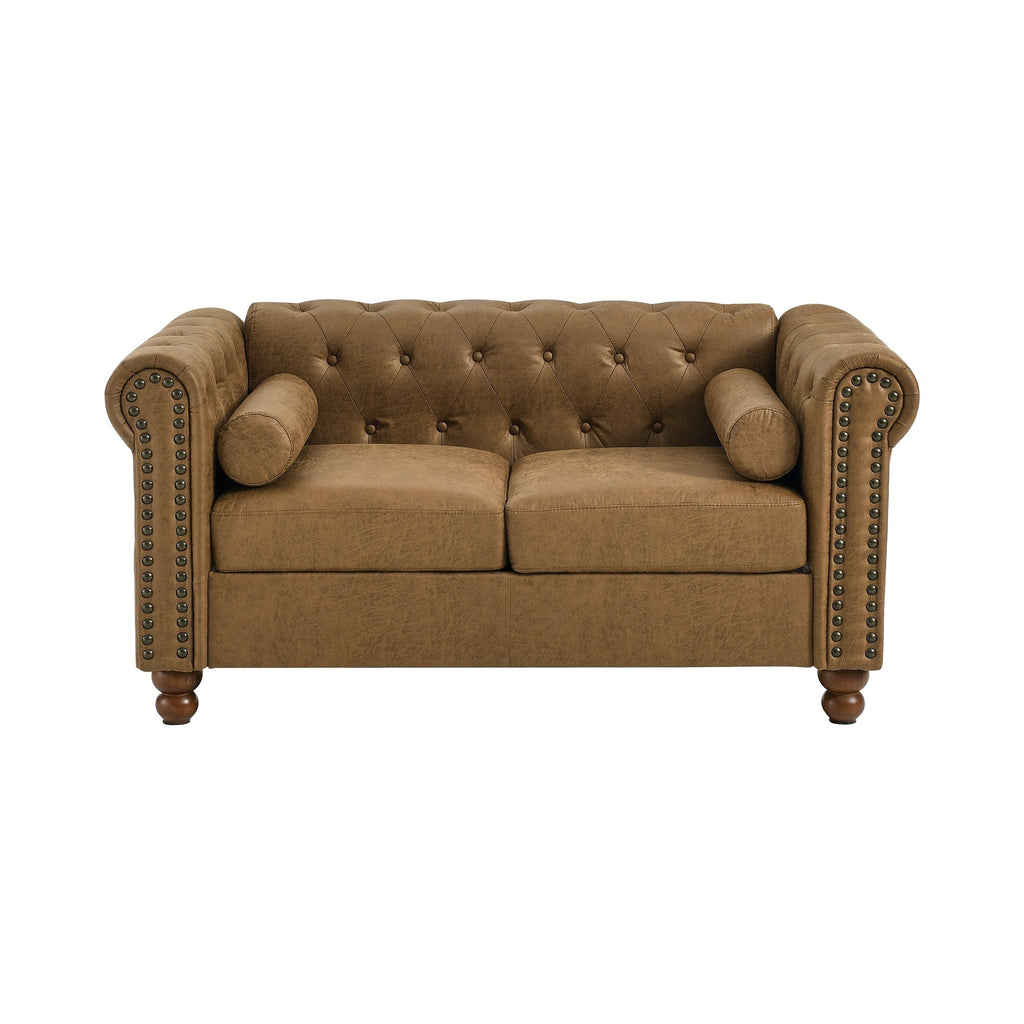 Canapé Chesterfield 2 places capitonné marron 55 po avec 2 appuie-têtes - Revêtement en éponge haute résilience