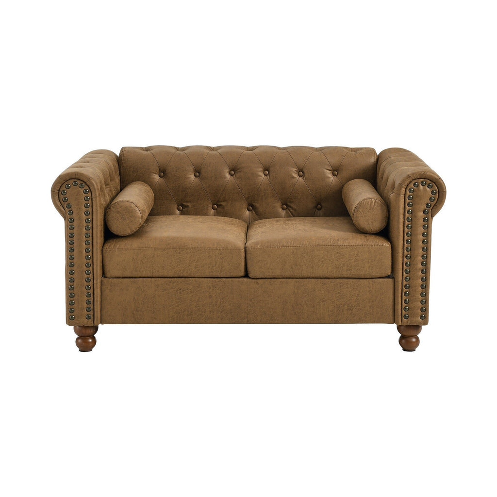 Canapé Chesterfield 2 places rembourré en tissu marron de 55 pouces avec dossier capitonné et 2 appuis-tête