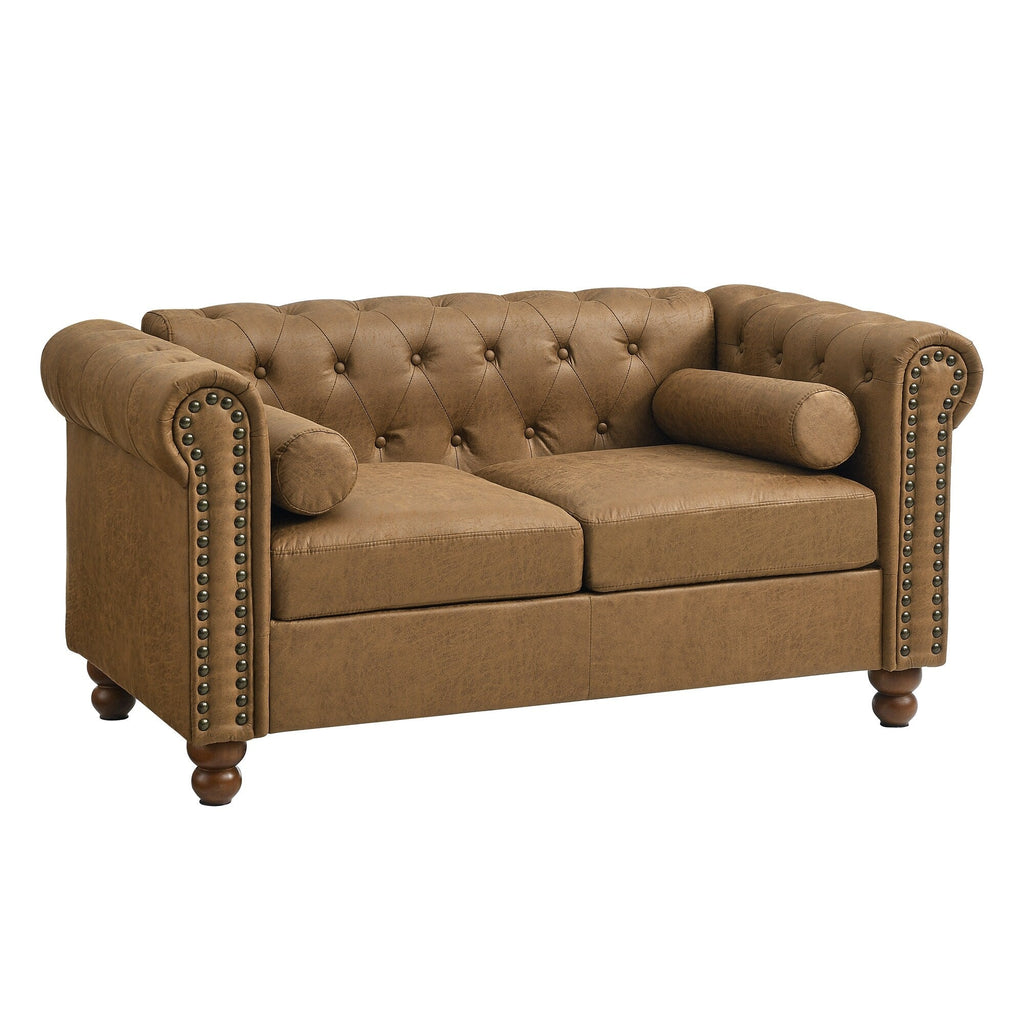 Canapé 2 places rembourré en tissu marron de 55 pouces, canapé capitonné Chesterfield avec 2 appuie-têtes, éponge haute résilience
