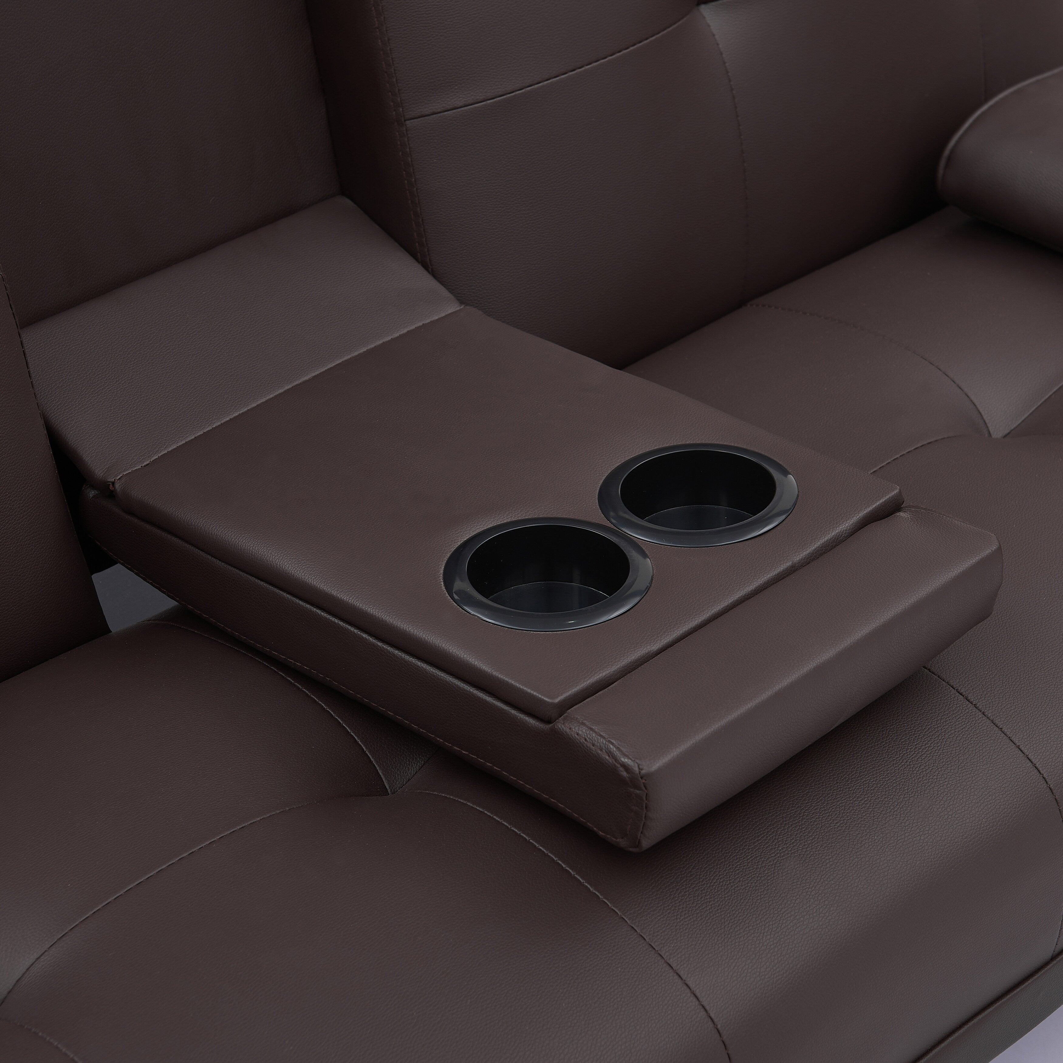Canapé-lit causeuse en similicuir marron 67 avec 2 porte-gobelets et pieds en acier inoxydable pour le salon