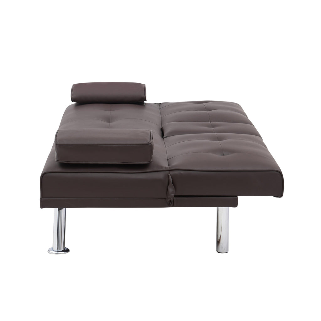 Canapé-lit causeuse en similicuir marron 67 avec 2 porte-gobelets et pieds en acier inoxydable pour le salon