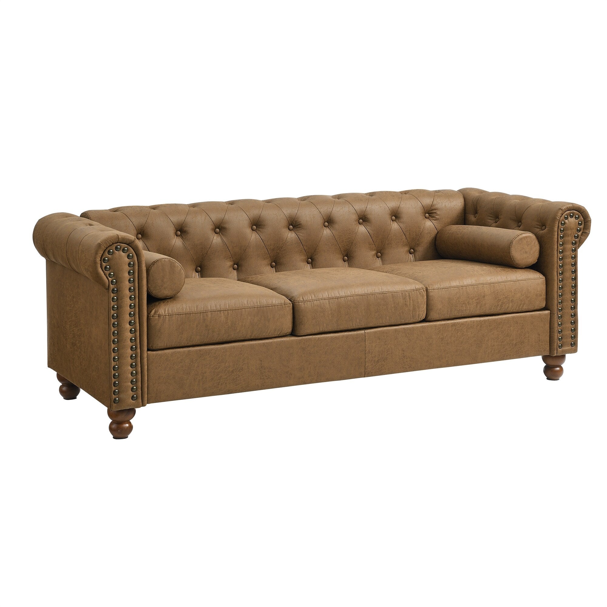 Canapé Chesterfield 3 places rembourré en tissu marron de 74,5 pouces avec dossier capitonné et 2 appuie-têtes