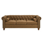 Canapé Chesterfield 3 places rembourré en tissu marron de 74,5 pouces avec motif capitonné, appui-tête et éponge haute résilience