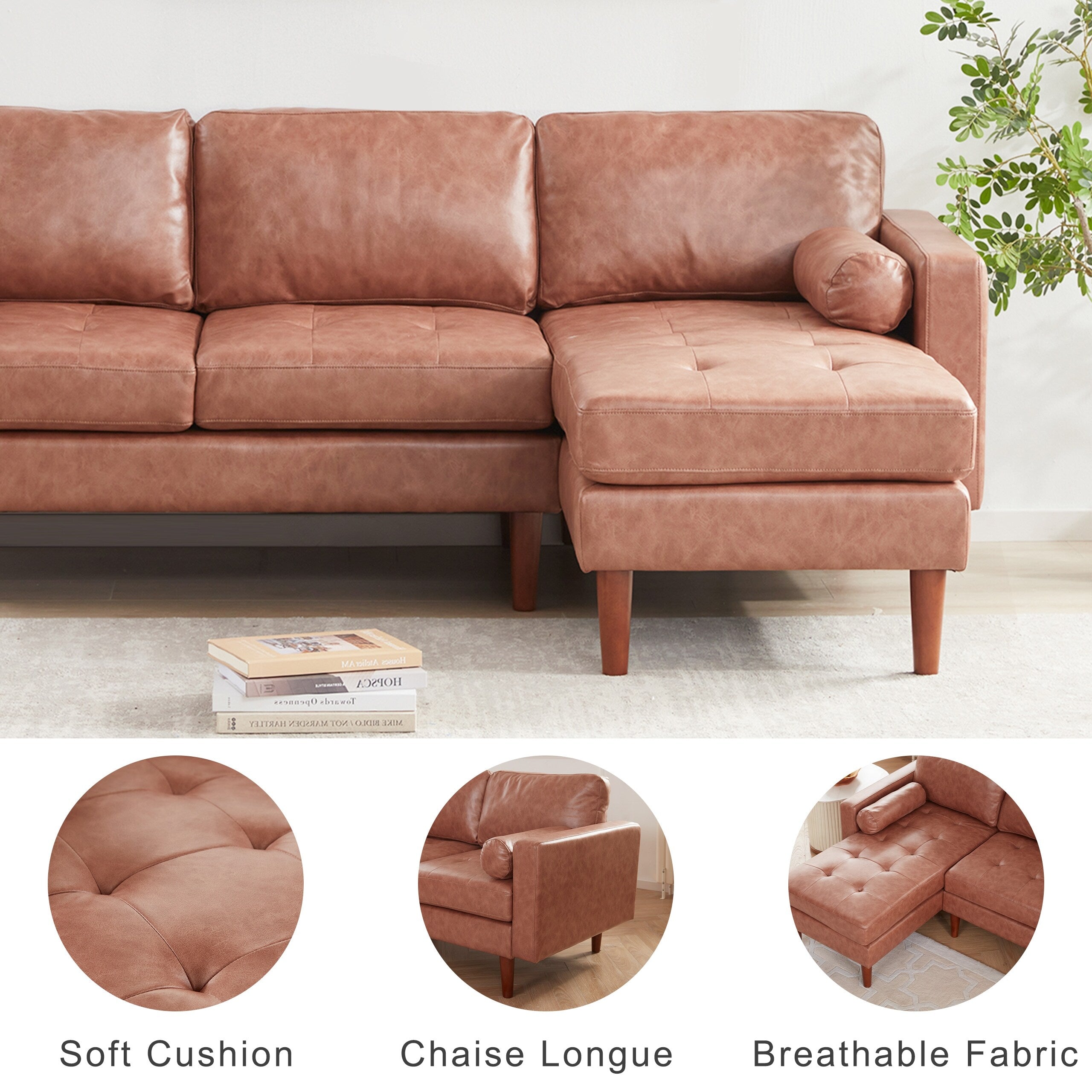 Canapé sectionnel en L en similicuir marron de 80 po avec coussins capitonnés, méridienne réversible et cadre durable