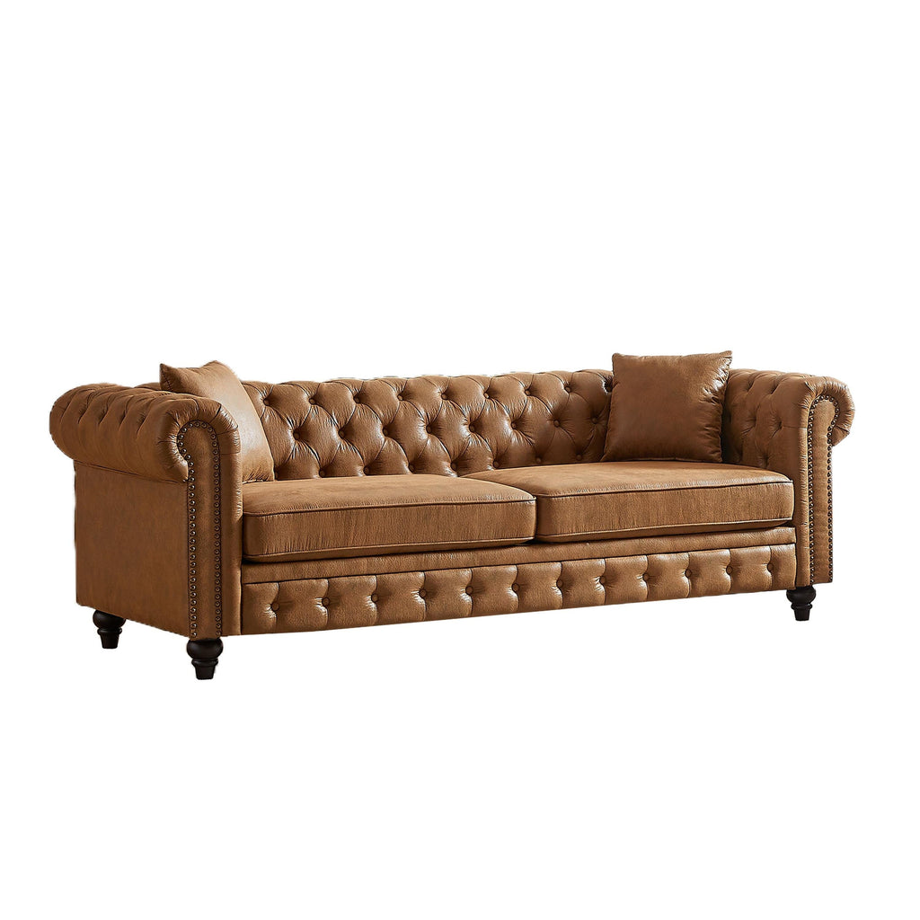 Canapé Chesterfield 3 places en tissu technique marron 85,5 avec accoudoirs roulés et 2 coussins pour le salon