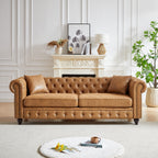Canapé Chesterfield 3 places en tissu technique marron 85,5 avec accoudoirs roulés et 2 coussins pour le salon