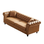 Canapé Chesterfield 3 places en tissu technique marron 85,5 avec accoudoirs roulés et 2 coussins pour le salon