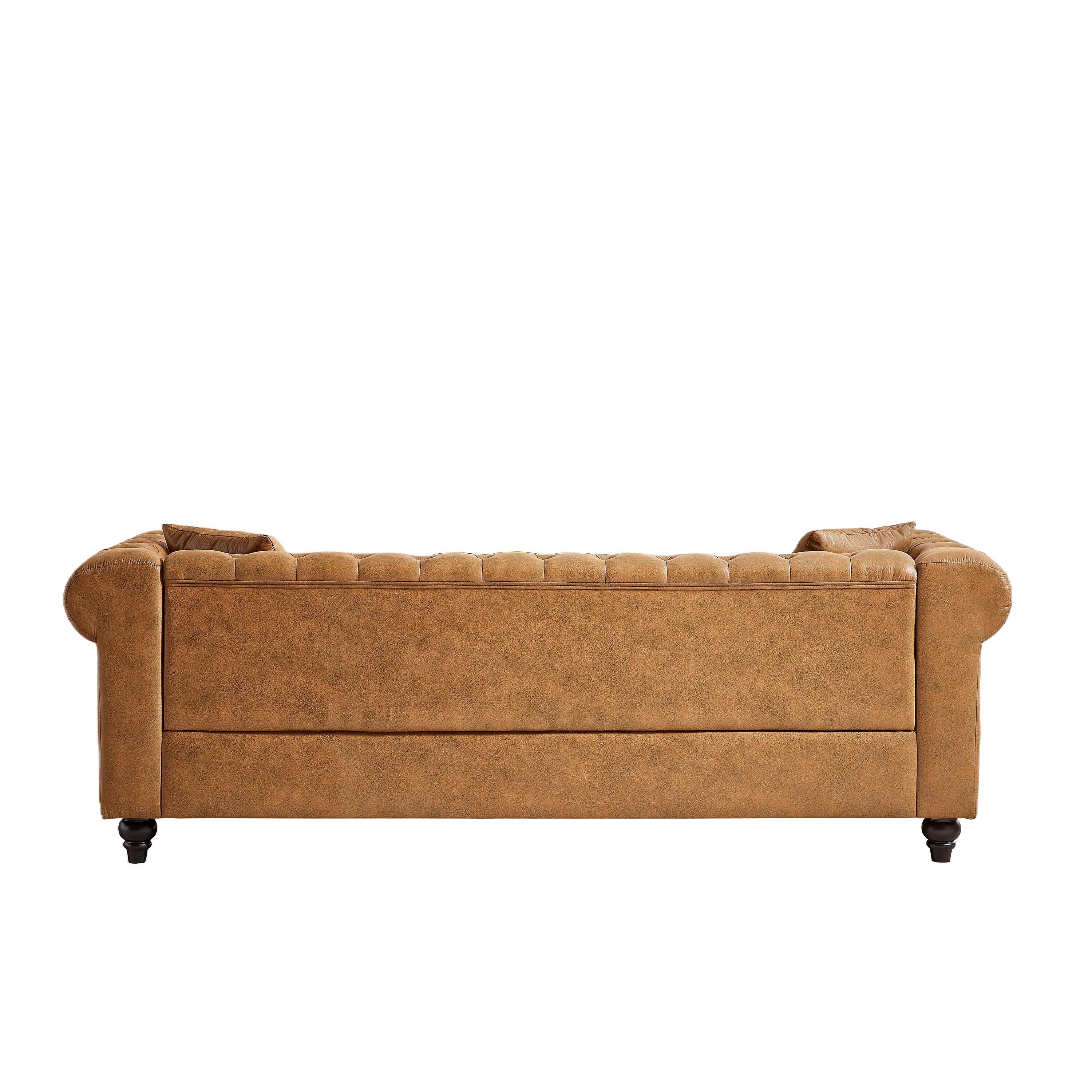 Canapé Chesterfield 3 places en tissu technique marron 85,5 avec accoudoirs roulés et 2 coussins pour le salon