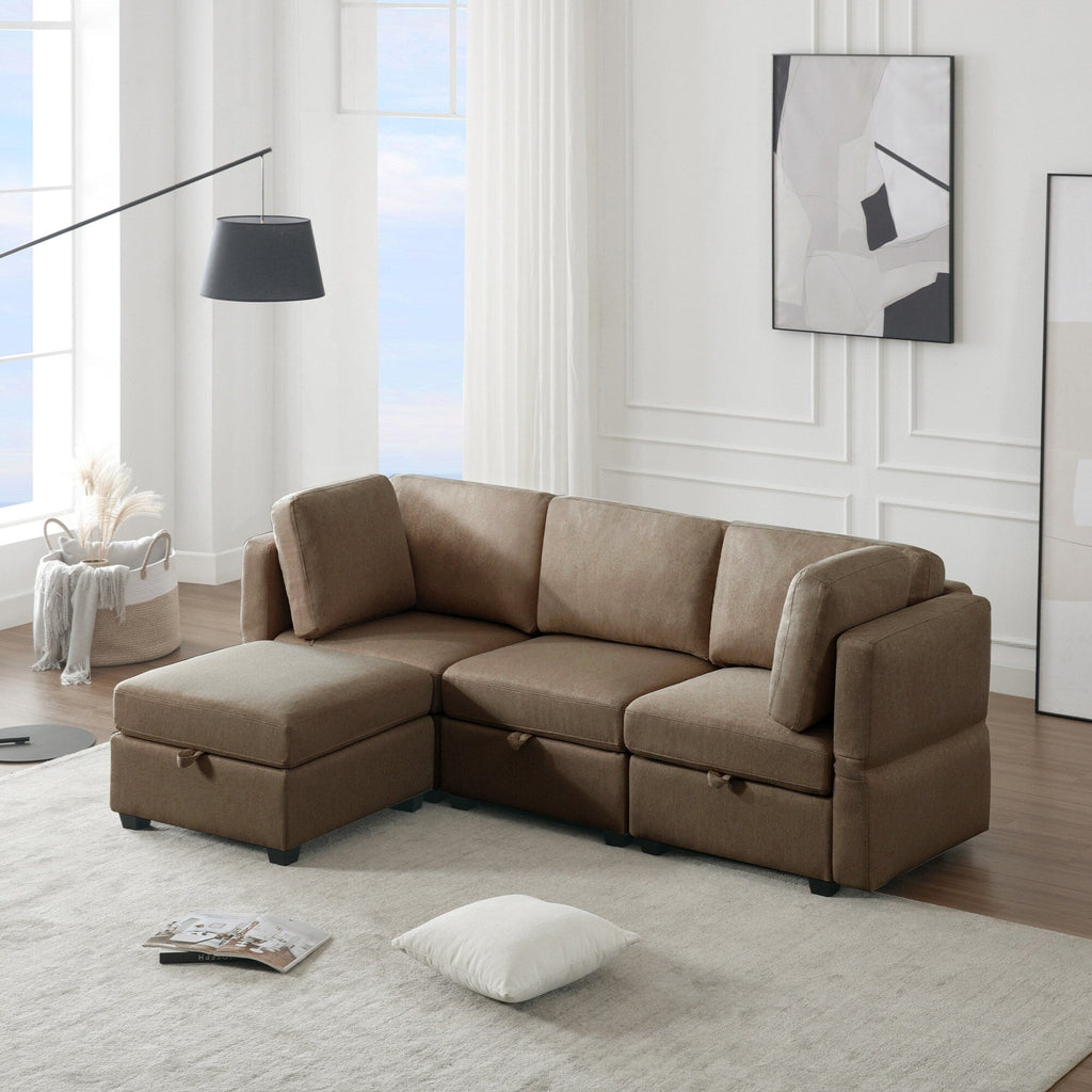 Canapé modulaire 3 places marron de 87,9 po avec pouf, accoudoirs et dossiers réglables, sièges avec rangement et coussins épais