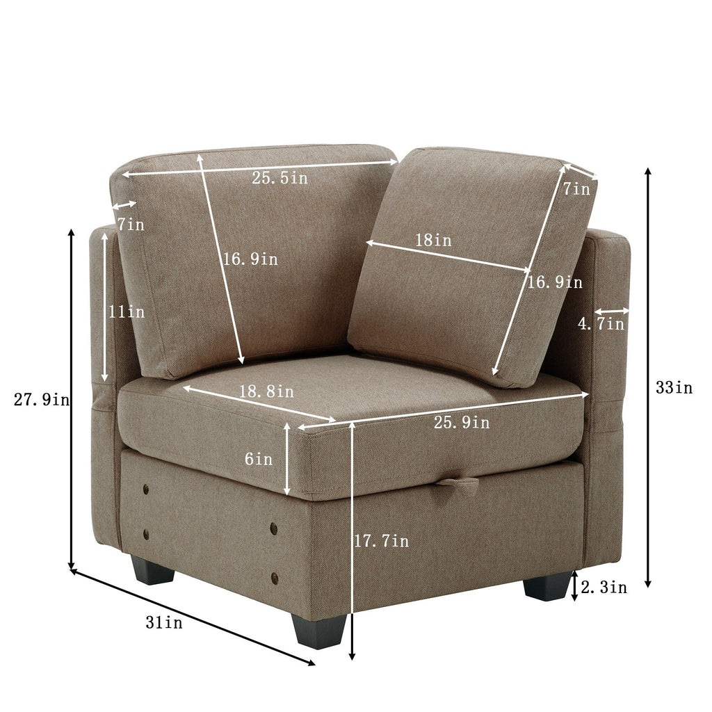 Canapé modulaire 3 places marron de 87,9 po avec pouf, accoudoirs et dossiers réglables, sièges avec rangement et coussins épais