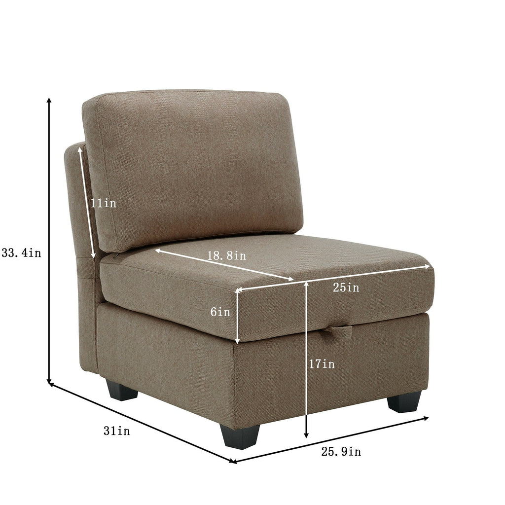 Canapé modulaire 3 places marron de 87,9 po avec pouf, accoudoirs et dossiers réglables, sièges avec rangement et coussins épais