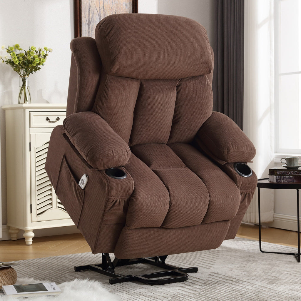 Fauteuil inclinable électrique surdimensionné en tissu respirant marron avec massage, chauffage lombaire, port USB et 2 porte-gobelets