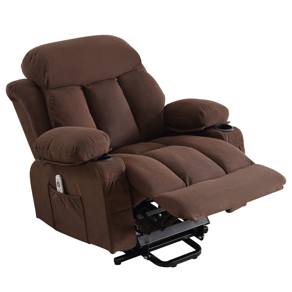 Fauteuil inclinable électrique surdimensionné en tissu respirant marron avec massage, chauffage lombaire, port USB et 2 porte-gobelets
