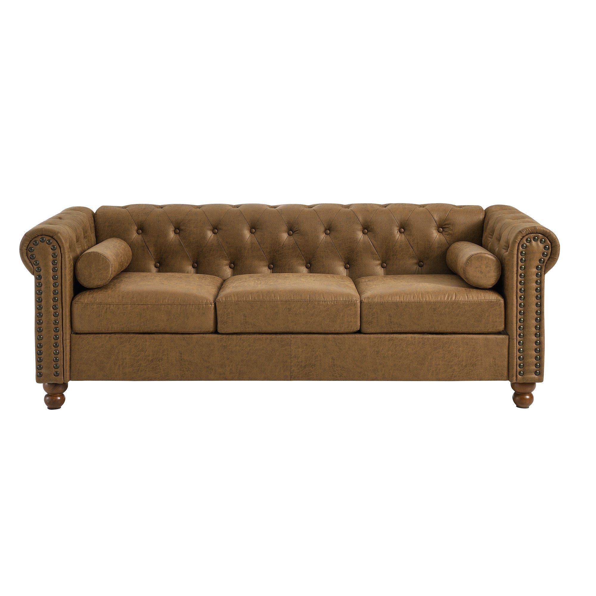 Canapé Chesterfield marron 3 places capitonné avec boutons de 74,5 pouces et coussins pour le salon