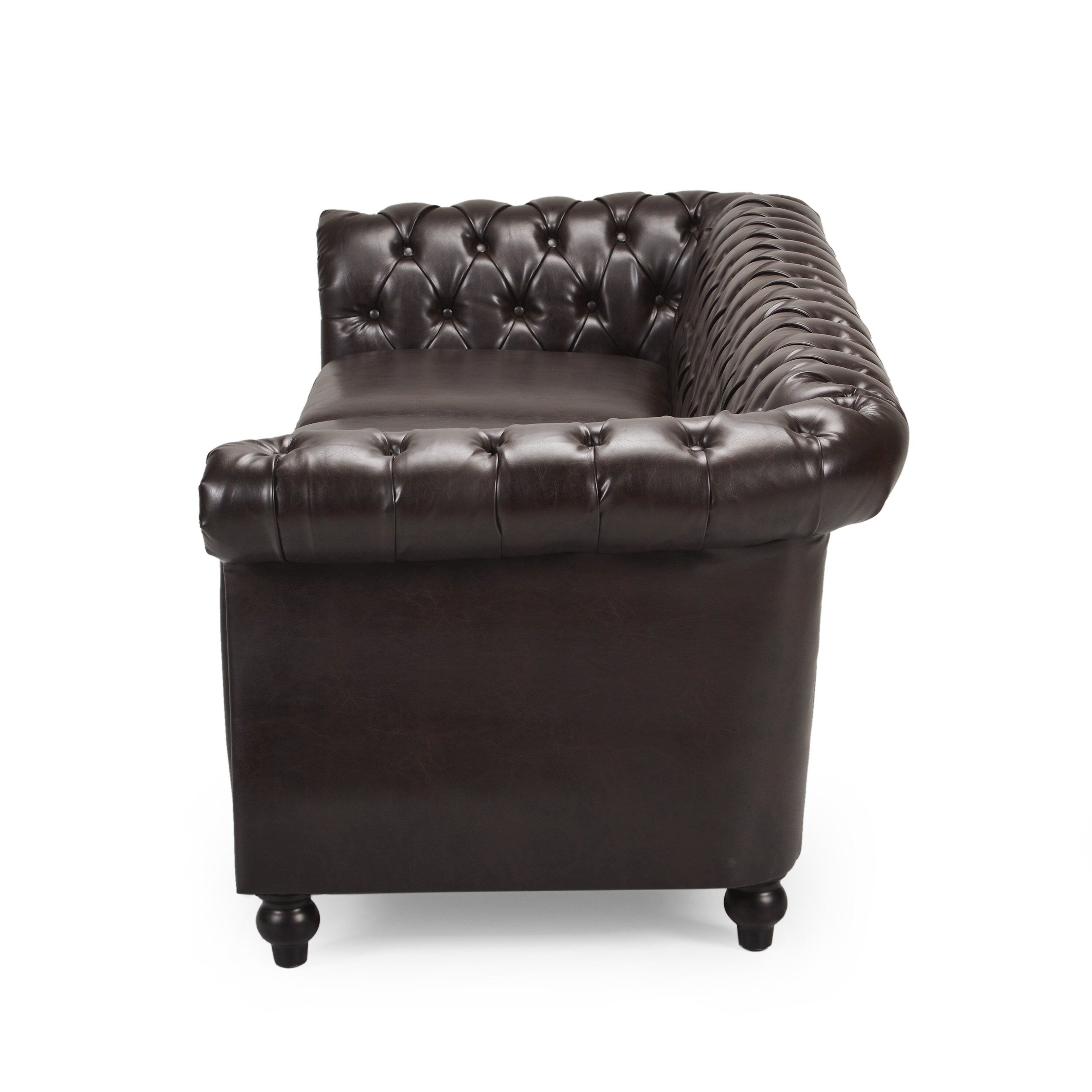 Canapé 3 places Chesterfield marron 84,75, capitonné, avec clous et pieds en bois