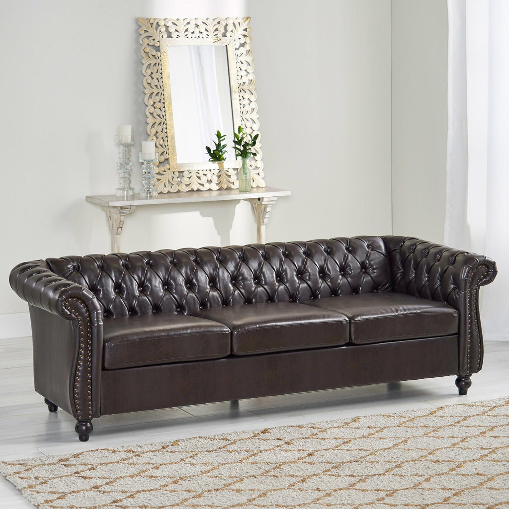 Canapé 3 places Chesterfield marron 84,75, capitonné, avec clous et pieds en bois