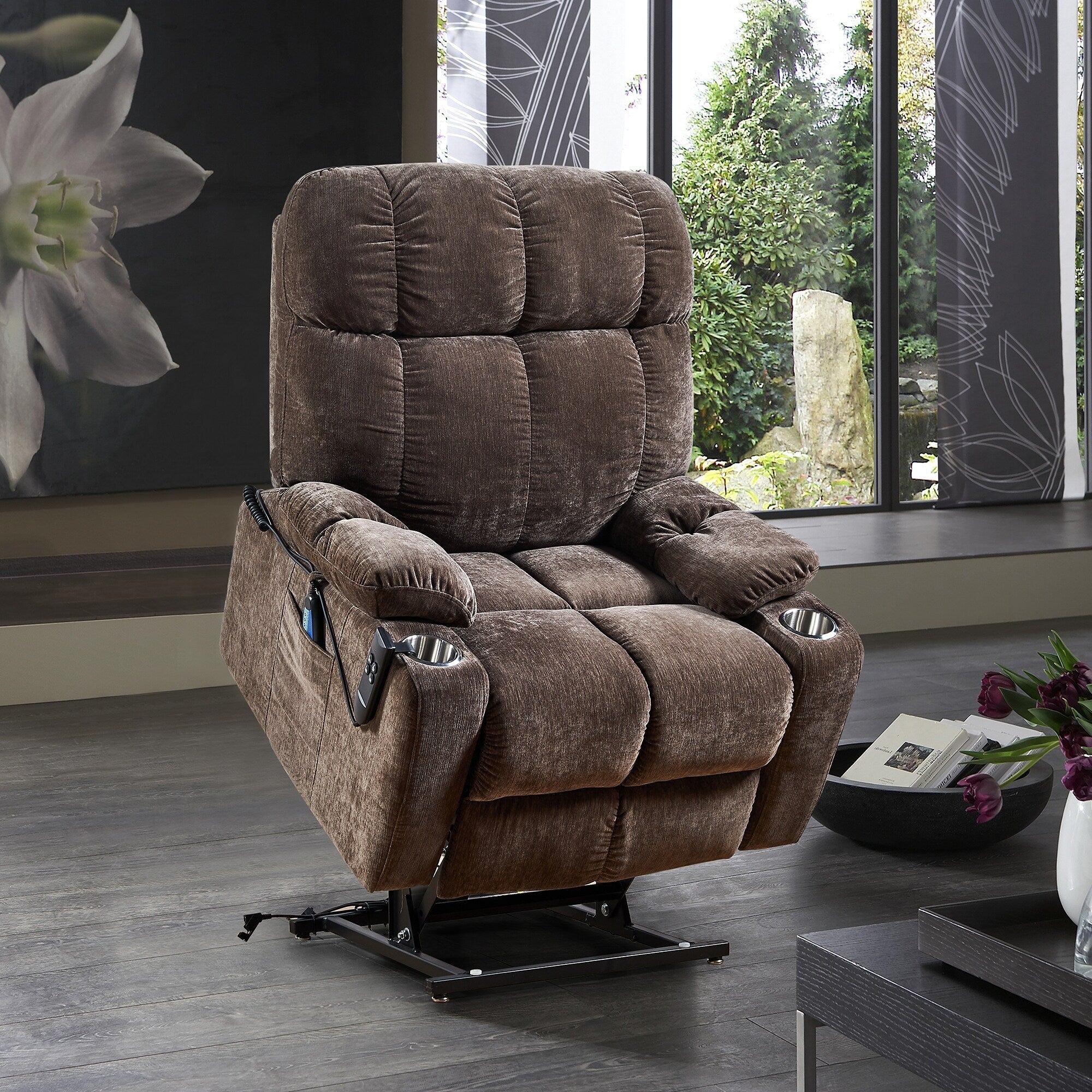 Fauteuil inclinable à double moteur marron avec inclinaison infinie, chauffage et massage, et option d'inclinaison à plat à 180°