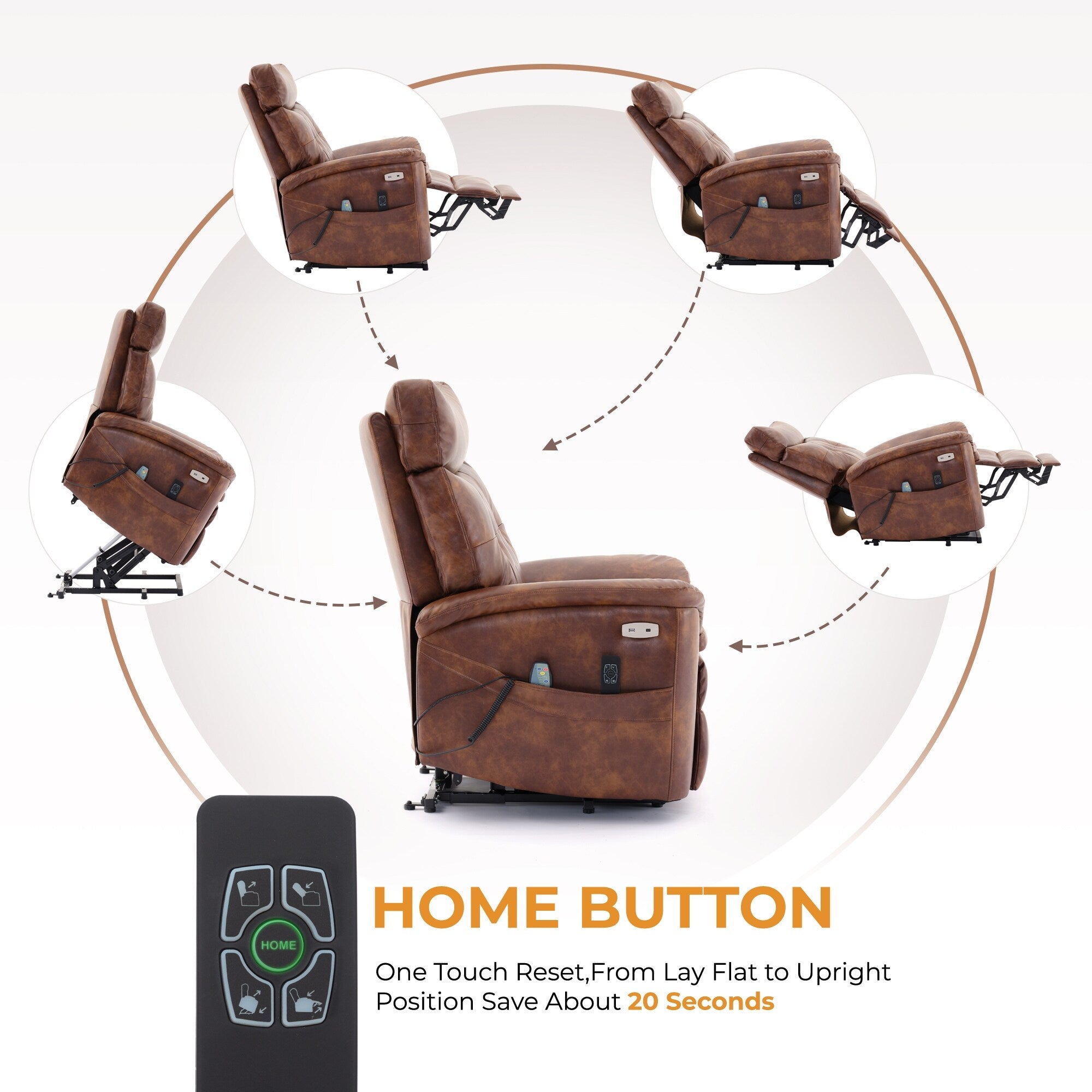 Fauteuil inclinable releveur marron à double moteur avec massage, chauffage, ports USB et Type-C