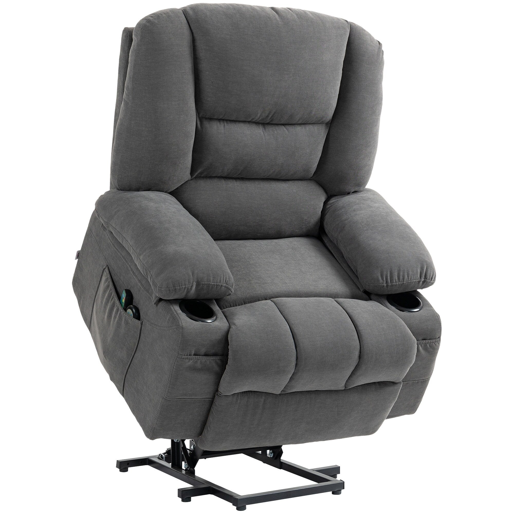 Fauteuil inclinable électrique marron avec massage par vibration, chauffage, positions réglables, télécommande et poches de rangement.