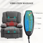 Fauteuil inclinable électrique marron avec massage par vibration, chauffage, positions réglables, télécommande et poches de rangement.