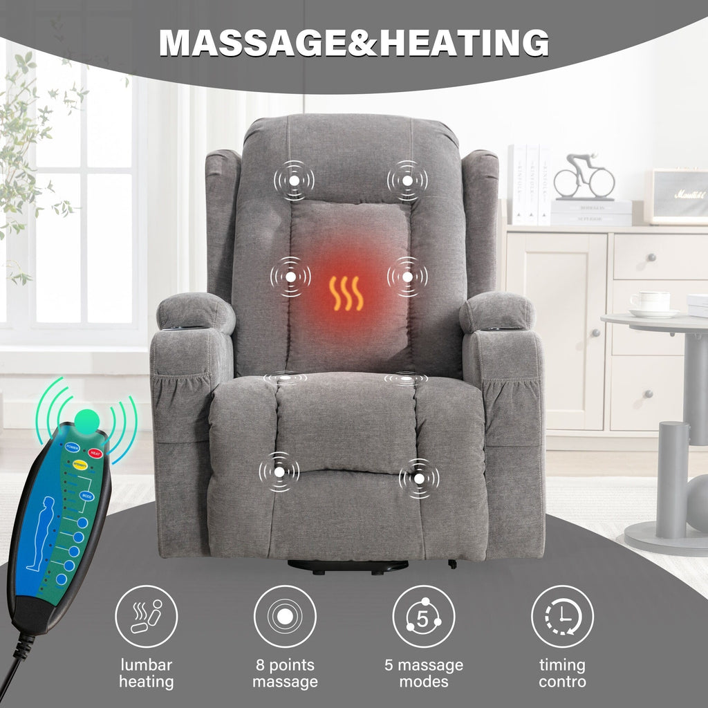 Fauteuil inclinable électrique marron avec chauffage, massage, port de chargement USB et poches latérales, réglable pour personnes âgées