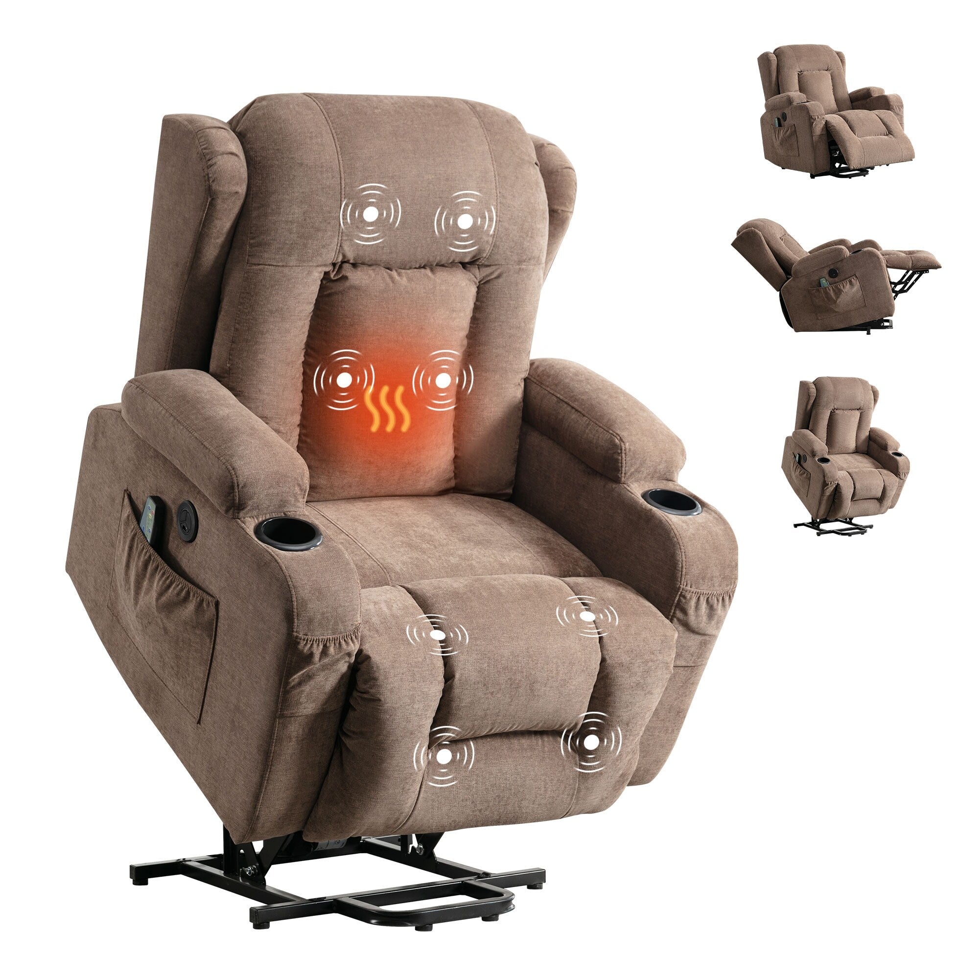 Fauteuil inclinable électrique marron avec chauffage, massage, port de chargement USB et poches latérales, réglable pour personnes âgées