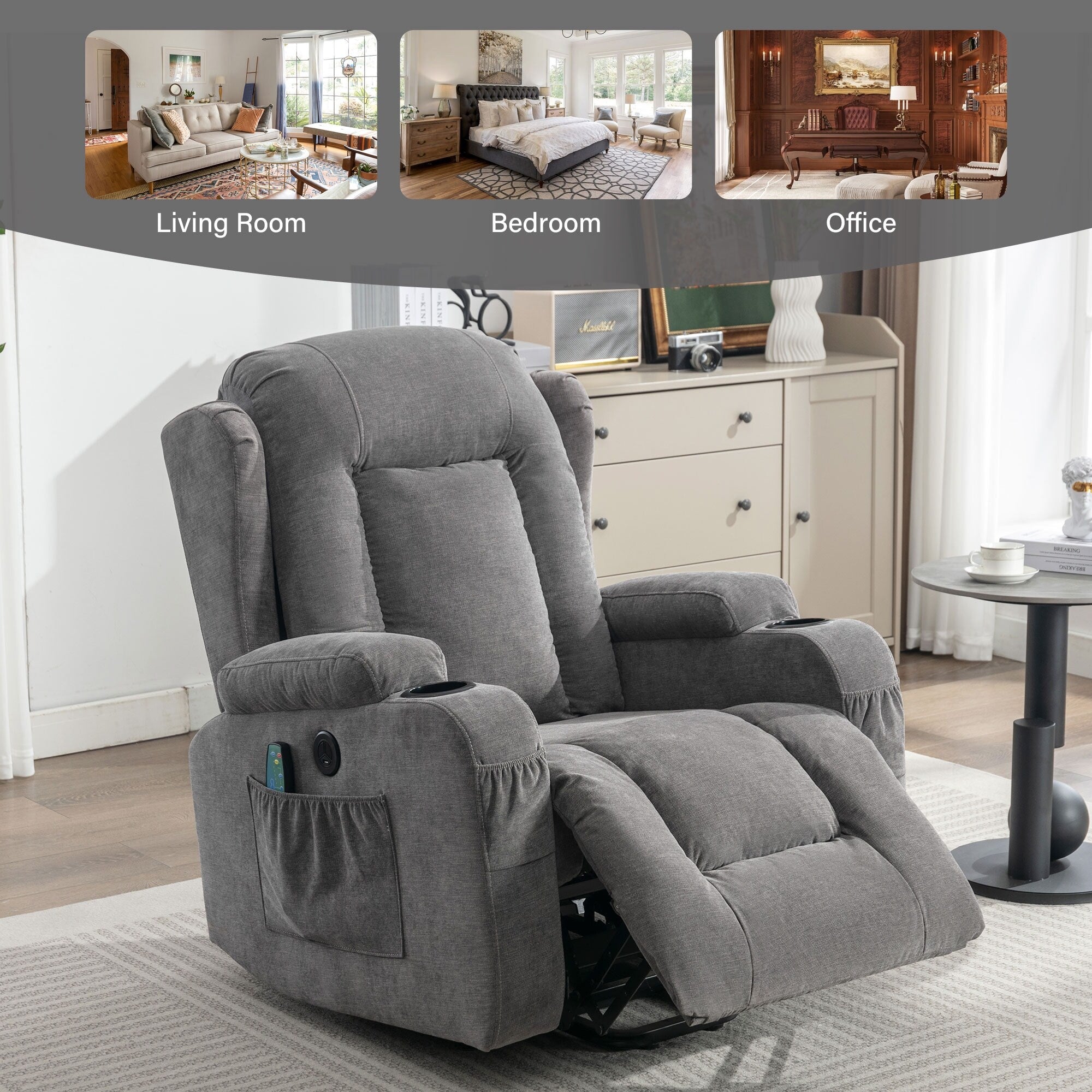 Fauteuil inclinable électrique marron avec chauffage, massage, port de chargement USB et rangement latéral, réglable pour personnes âgées