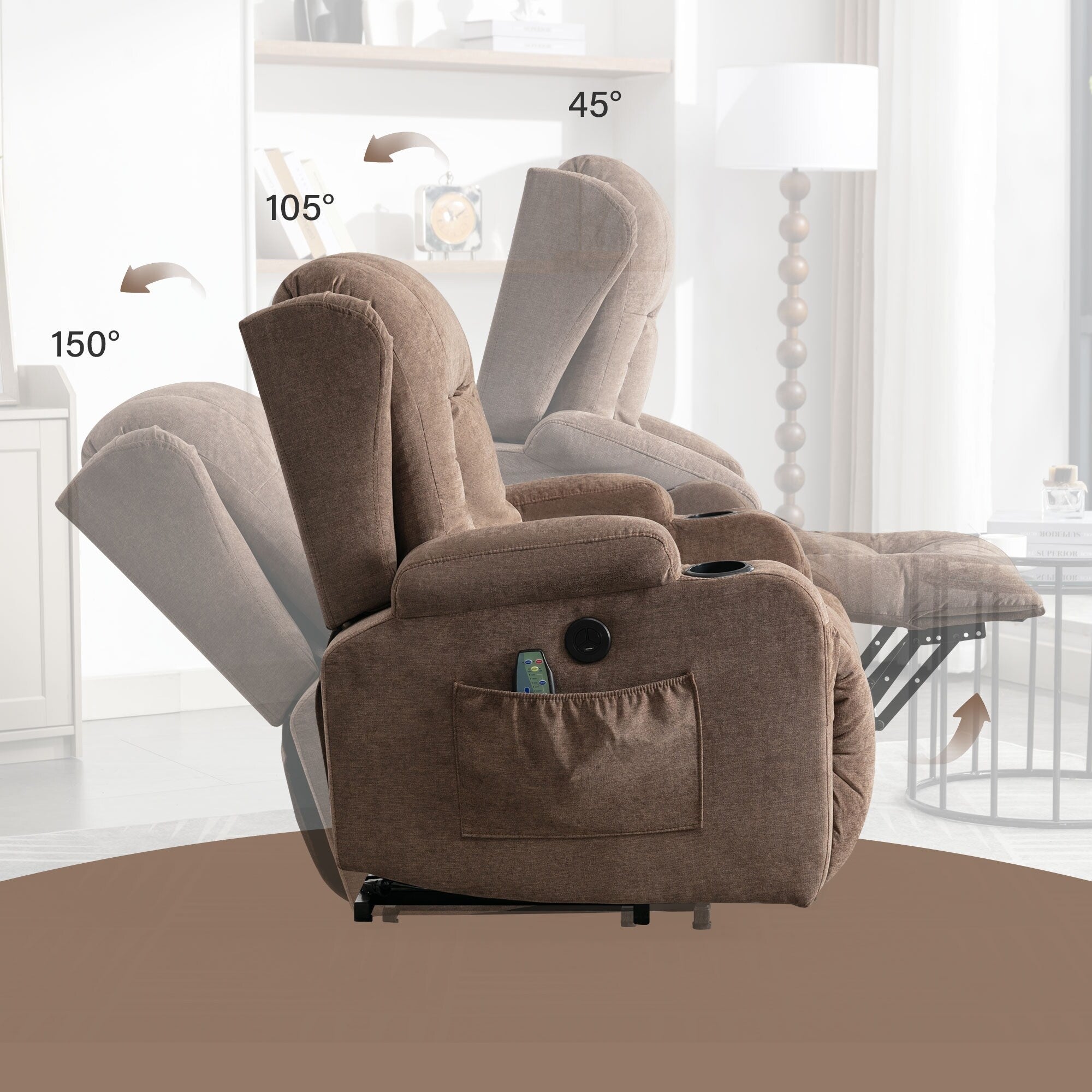 Fauteuil inclinable électrique marron avec chauffage, massage, port de chargement USB et rangement latéral, réglable pour personnes âgées