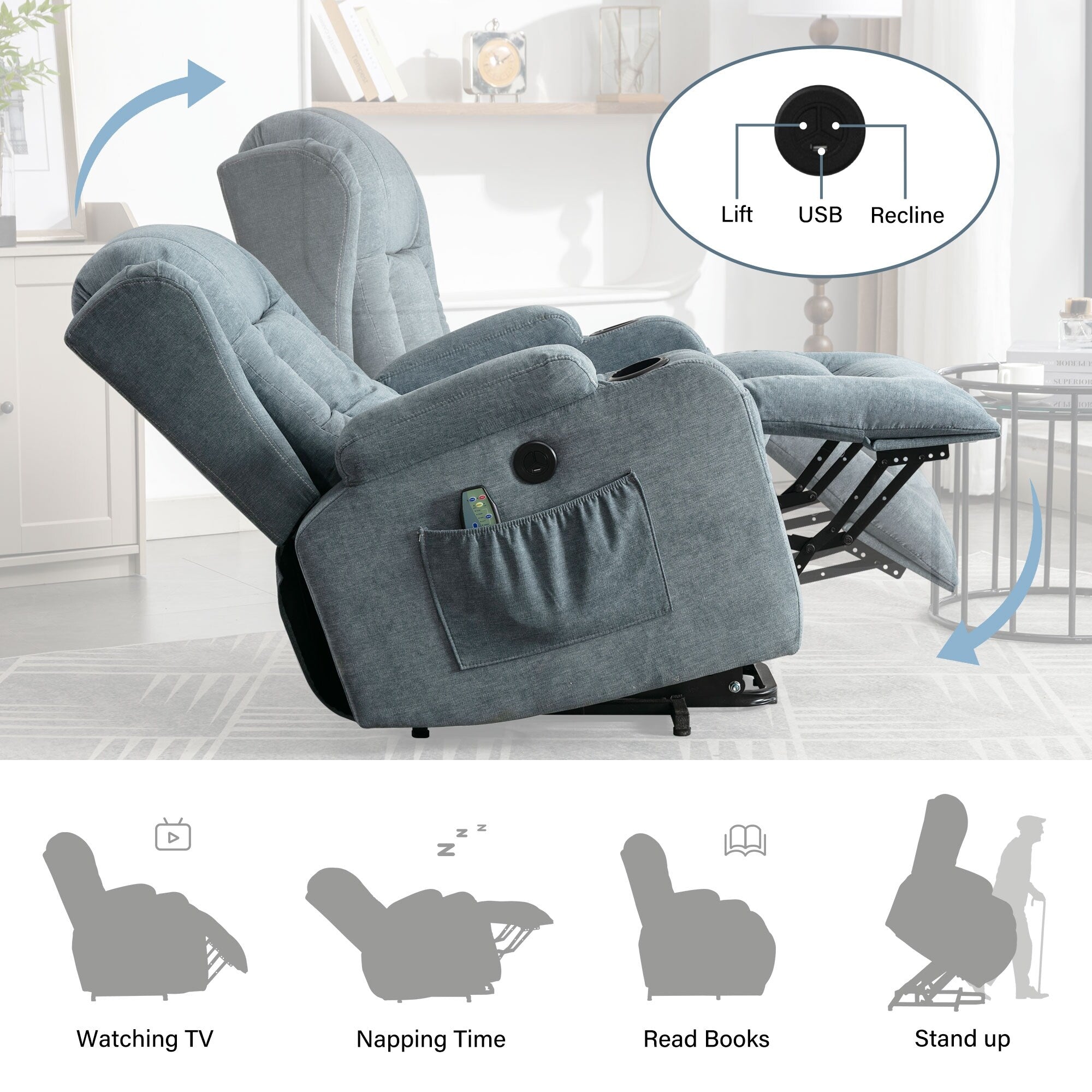 Fauteuil inclinable électrique marron avec chauffage, massage, port de chargement USB et rangement latéral, réglable pour personnes âgées